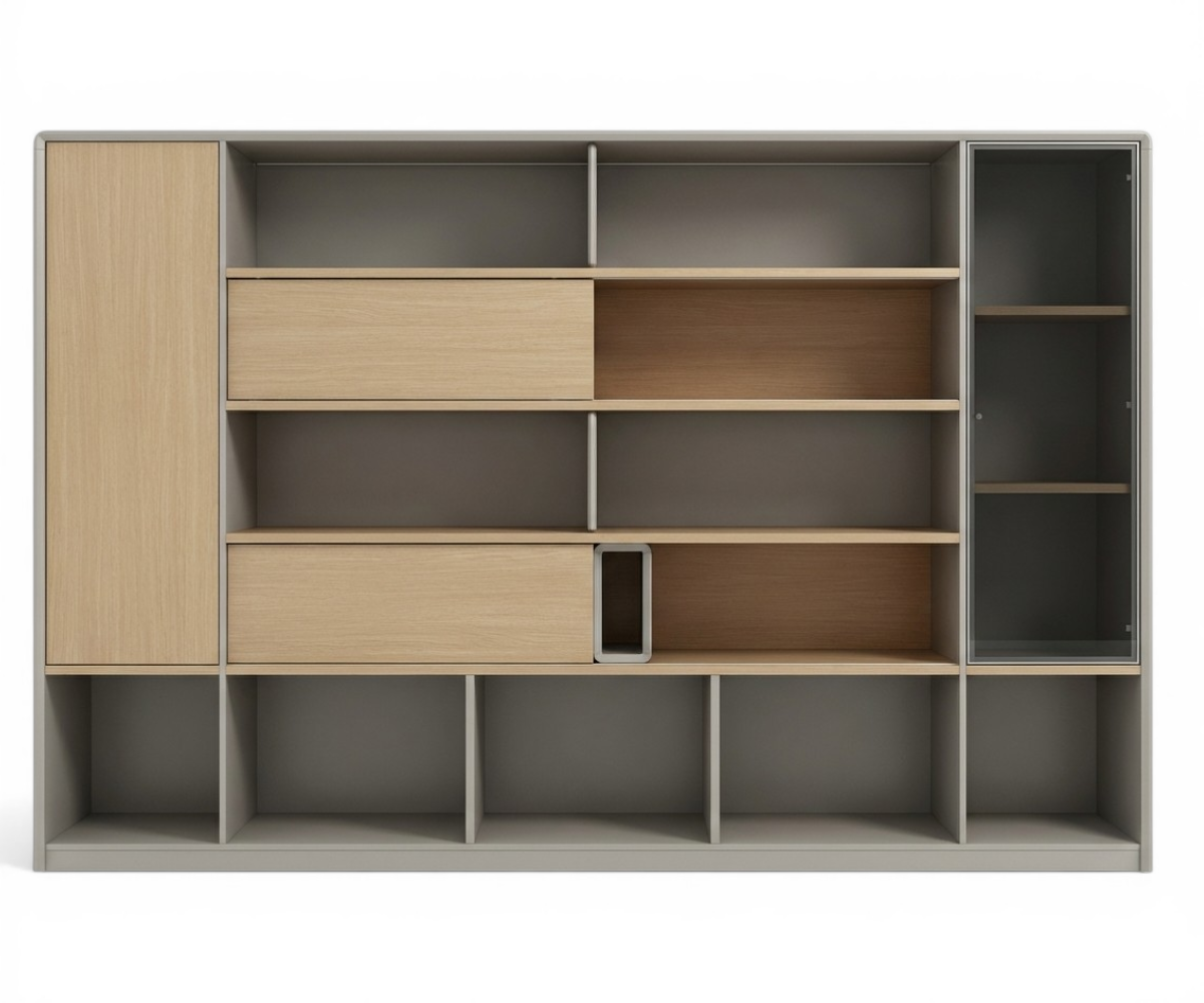 Oak office storage cabinet with open shelving in a bright boardroom