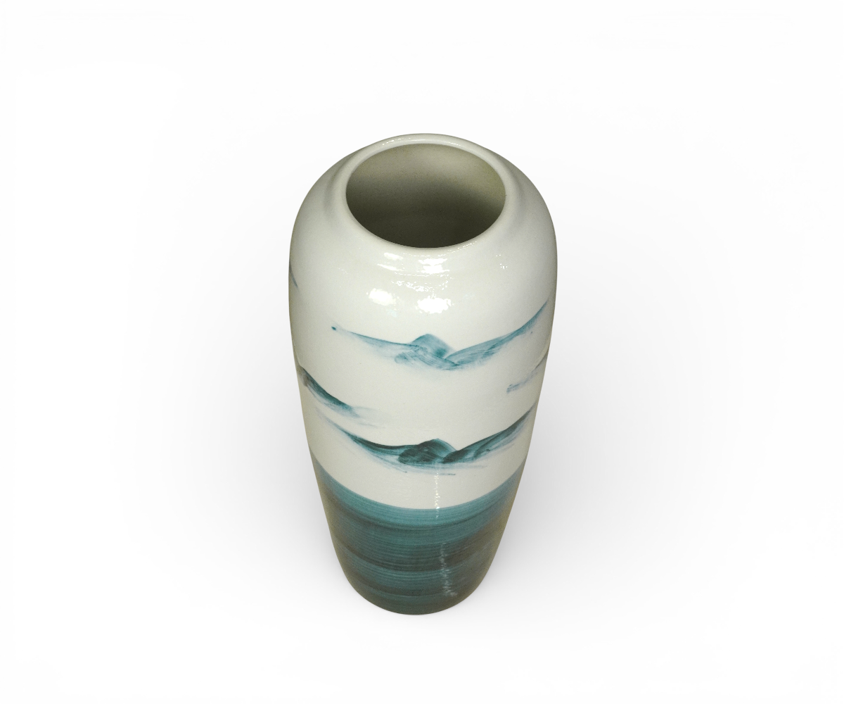 Ocean tone table vase A936, styled with dried stems on a walnut cabinet