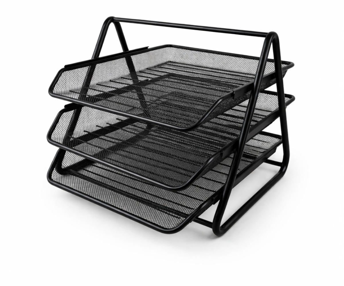 Office letter tray holder, three-tier black mesh tray on an angled frame