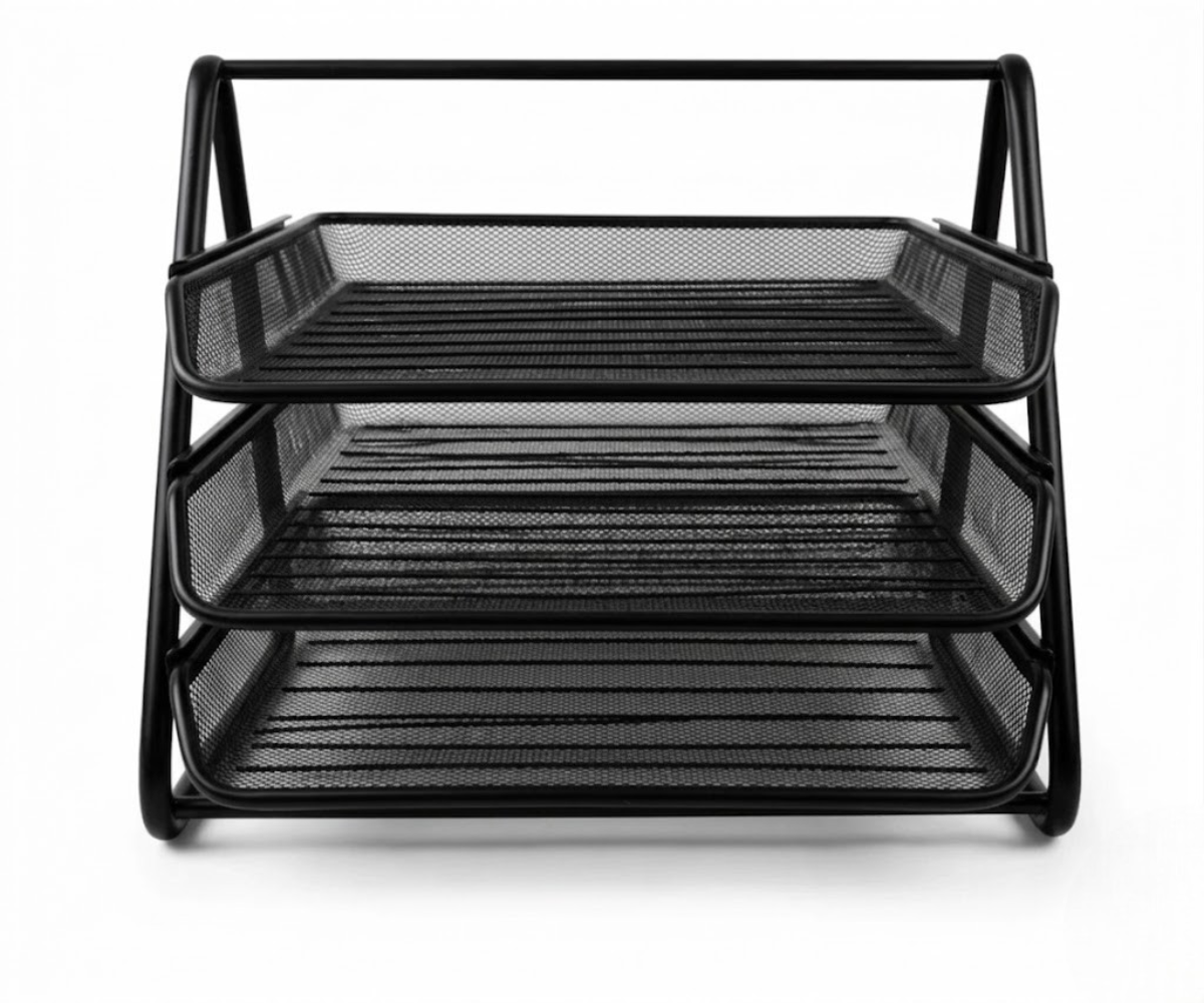 Office letter tray holder, front view of its three stacked mesh trays