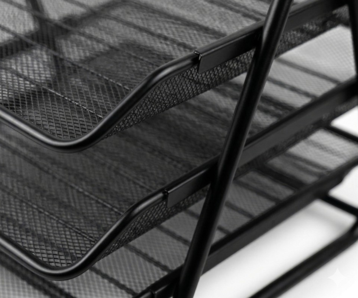 Office letter tray holder, three-tier black mesh tray on an angled frame