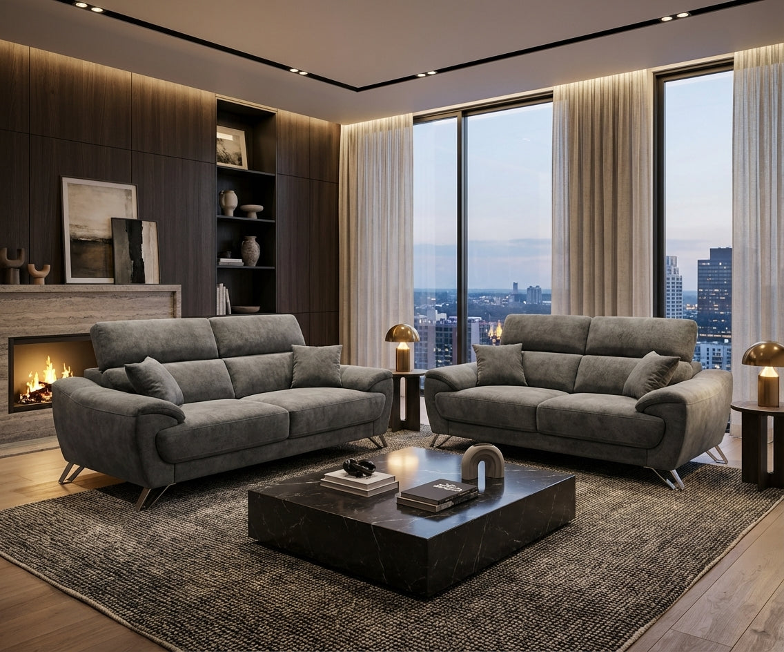 Olando grey fabric sofa set in a dark-panelled city-view living room