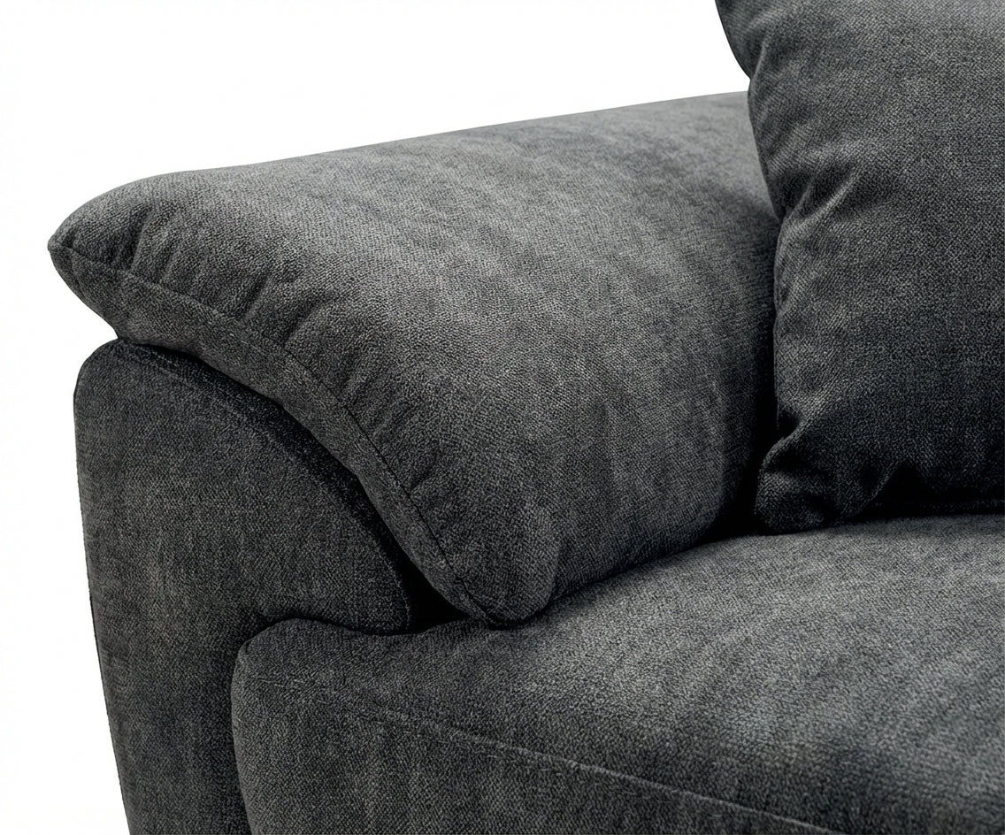 Olando grey fabric sofa set in a dark-panelled city-view living room