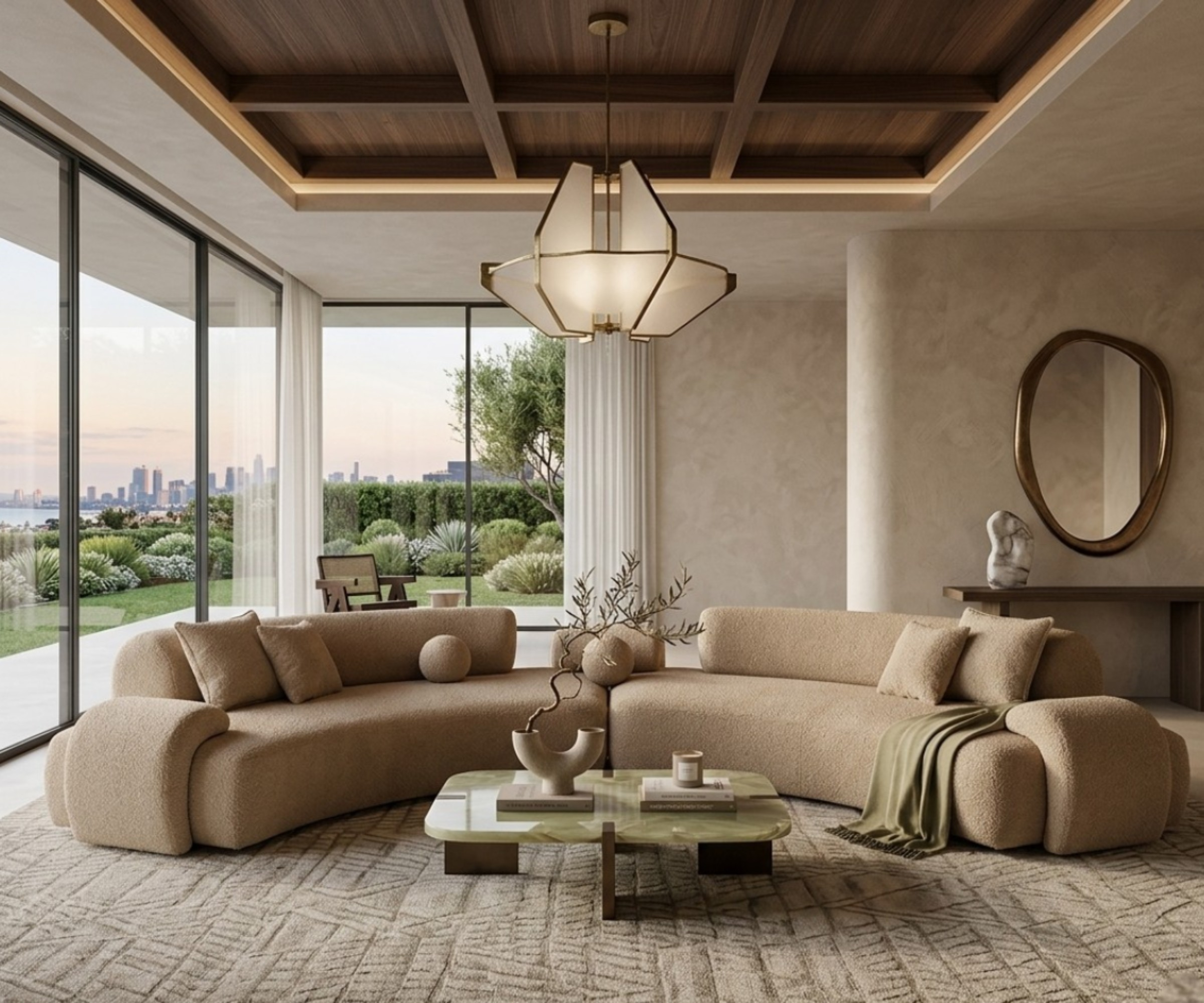 Olimpia light brown corner sofa in a bright sea-view living room