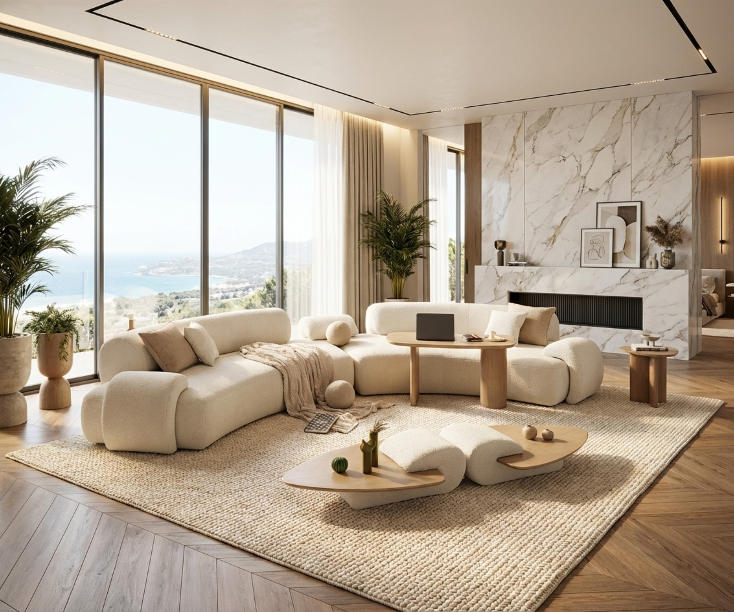 Olimpia off-white corner sofa in a marble-walled sea-view living room