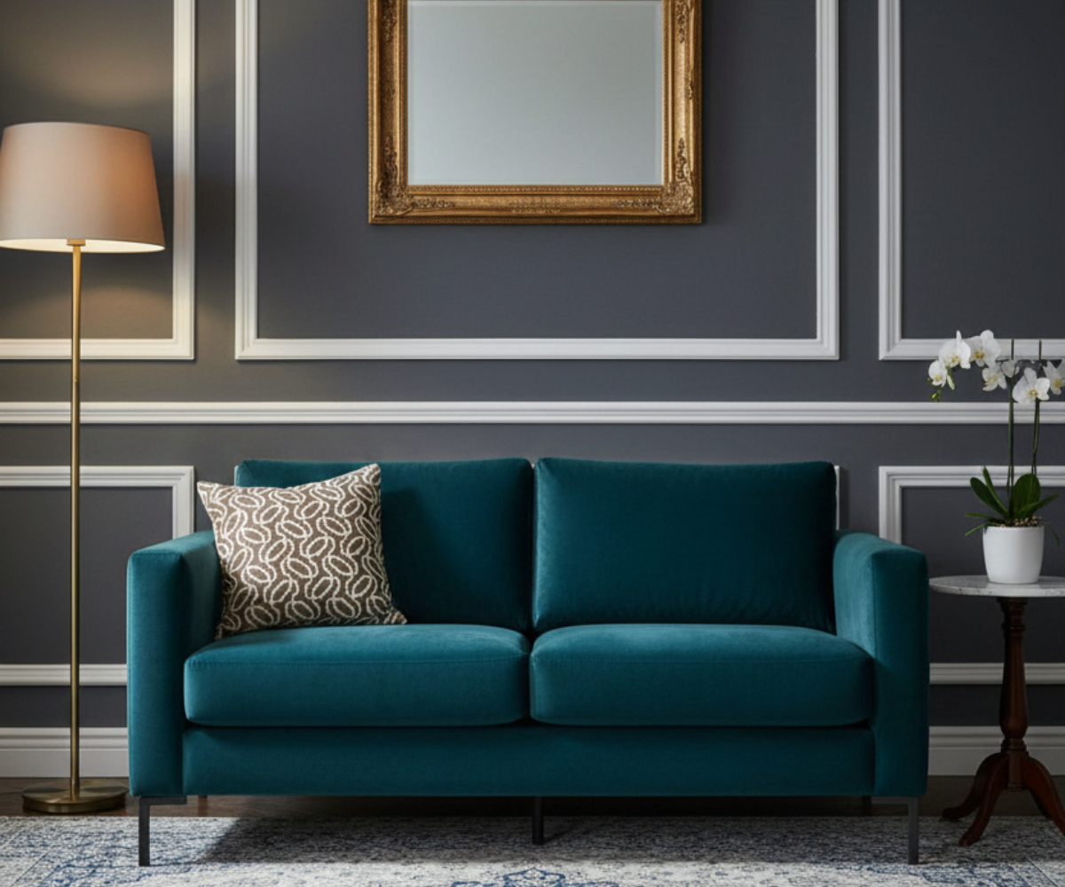 Olive modern maze cushion cover on a teal sofa in a grey panelled room