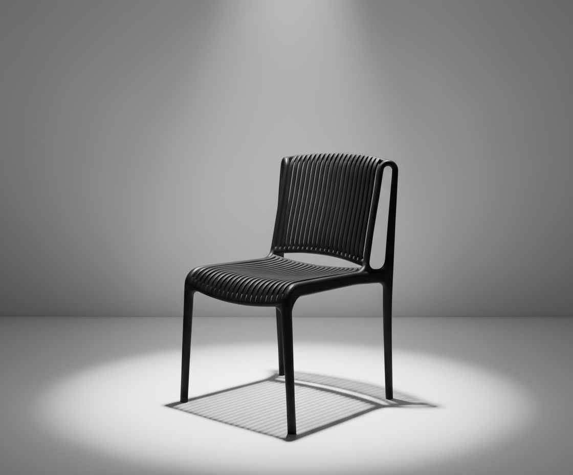 Onyx ribbed sculptural designer side chair, angled view in a spotlit setting