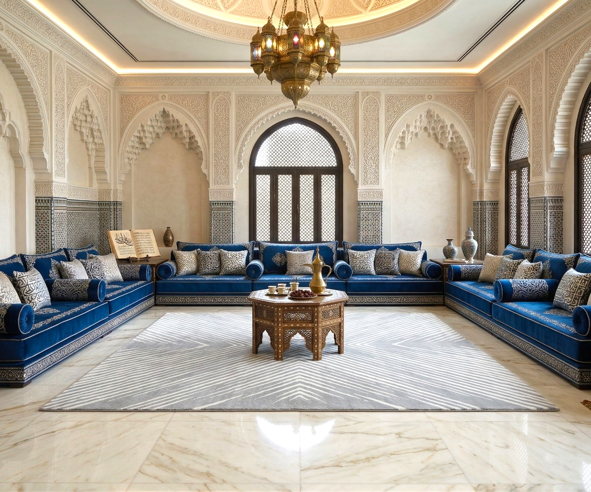 ORION grey symmetry area rug, 250x350 cm, in a blue arched majlis