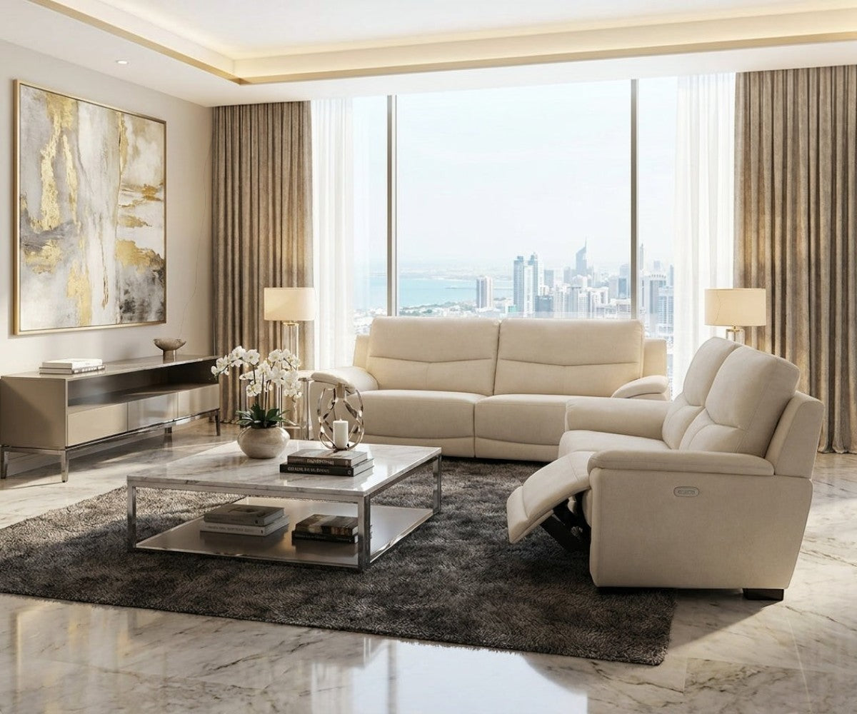 Oslan electric recliner sofa in a city-view living room