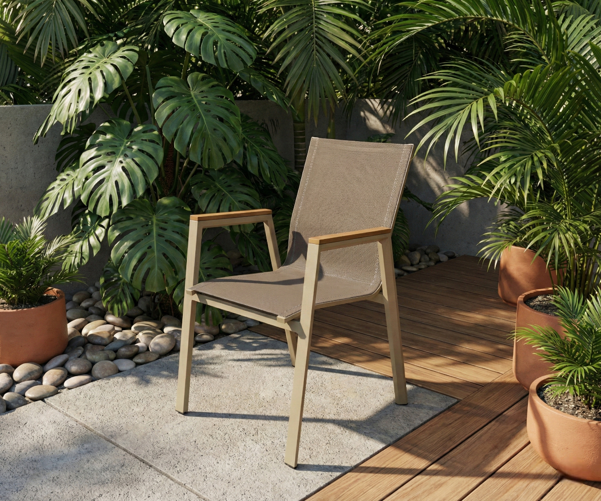 Outdoor chair HD-X23, sling chair on a decked terrace among potted palms
