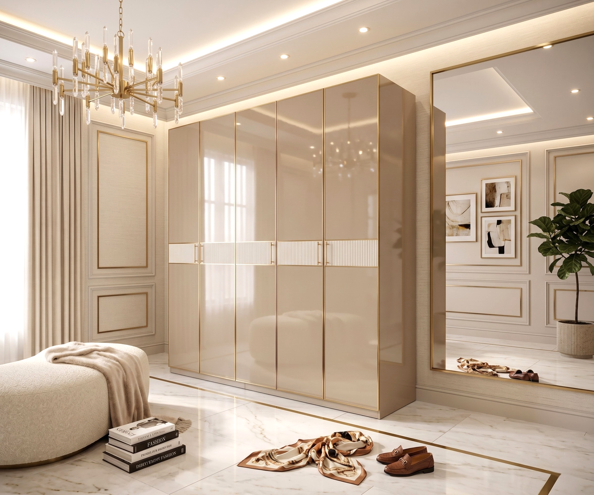 P001 modern oak wardrobe in a panelled bedroom under a brass chandelier