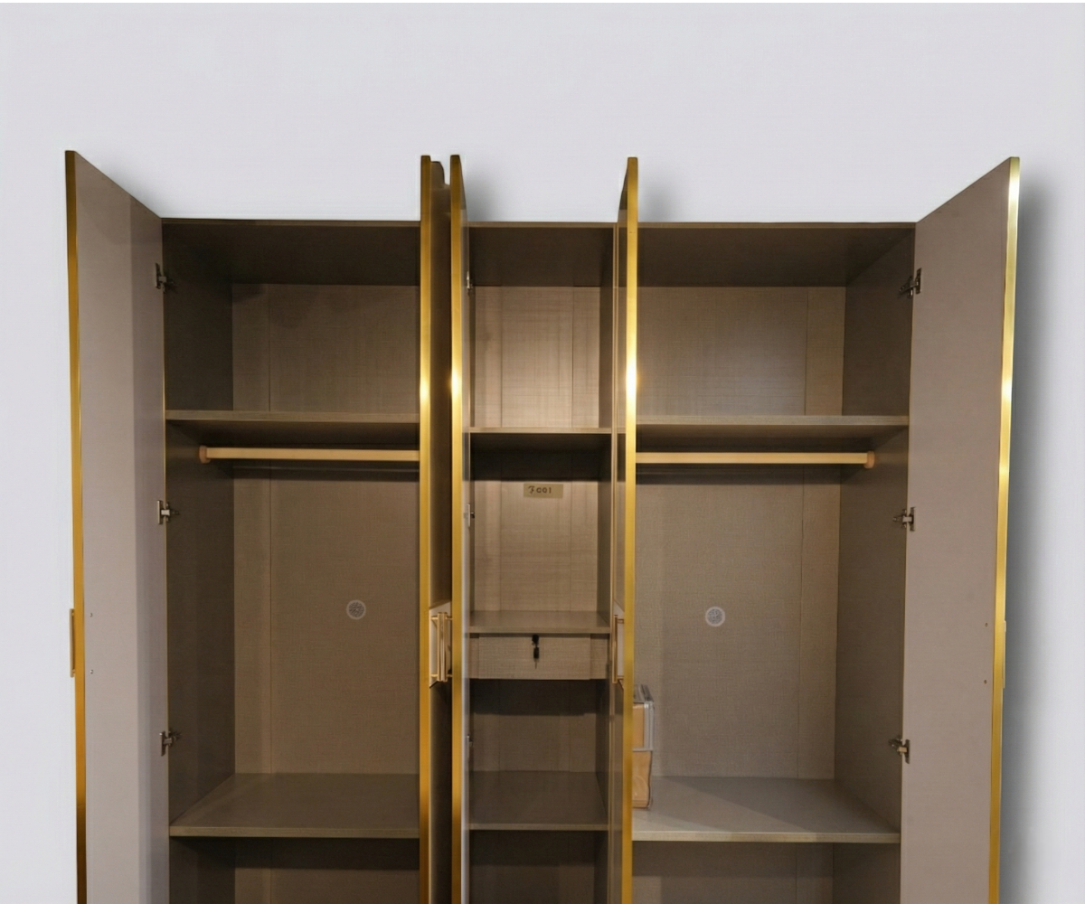 P001 modern oak wardrobe in a panelled bedroom under a brass chandelier