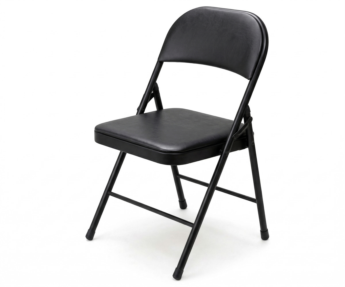Padded foldable chair in black, angled view with a padded seat and back