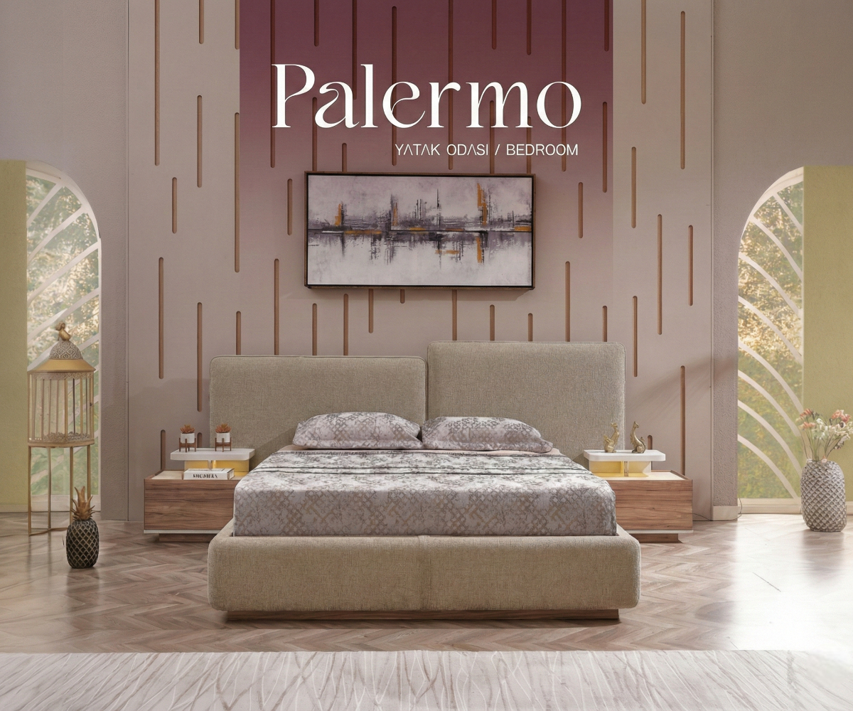 Palermo luxury upholstered bedroom set staged in a fluted-panel showroom