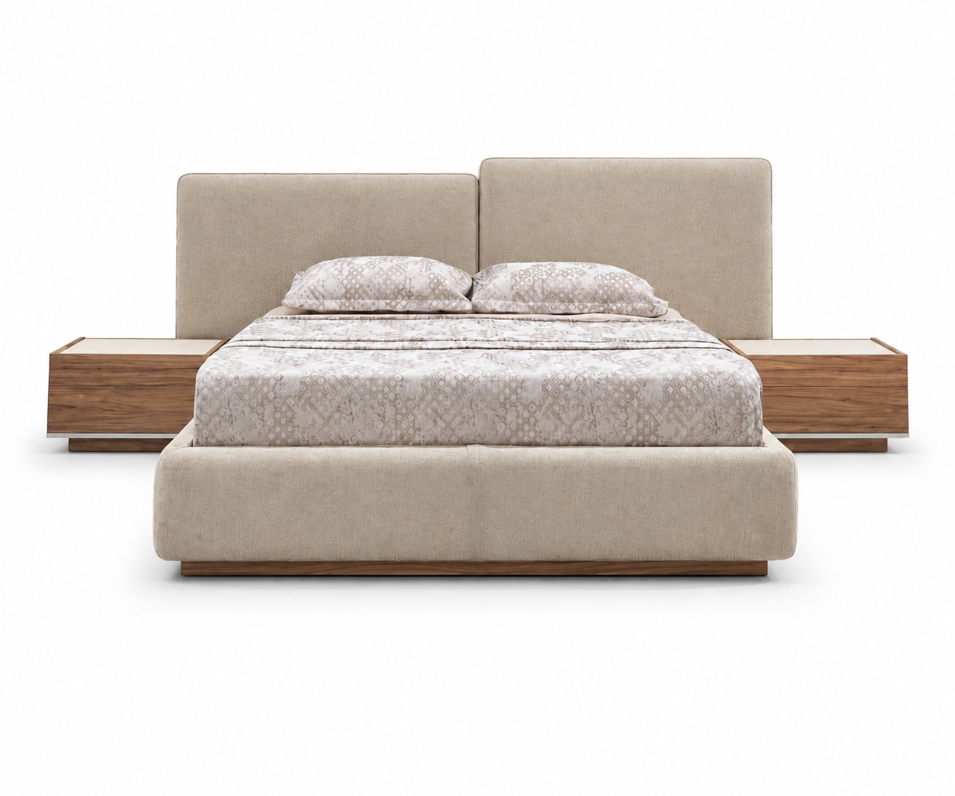Palermo luxury upholstered bedroom set staged in a fluted-panel showroom