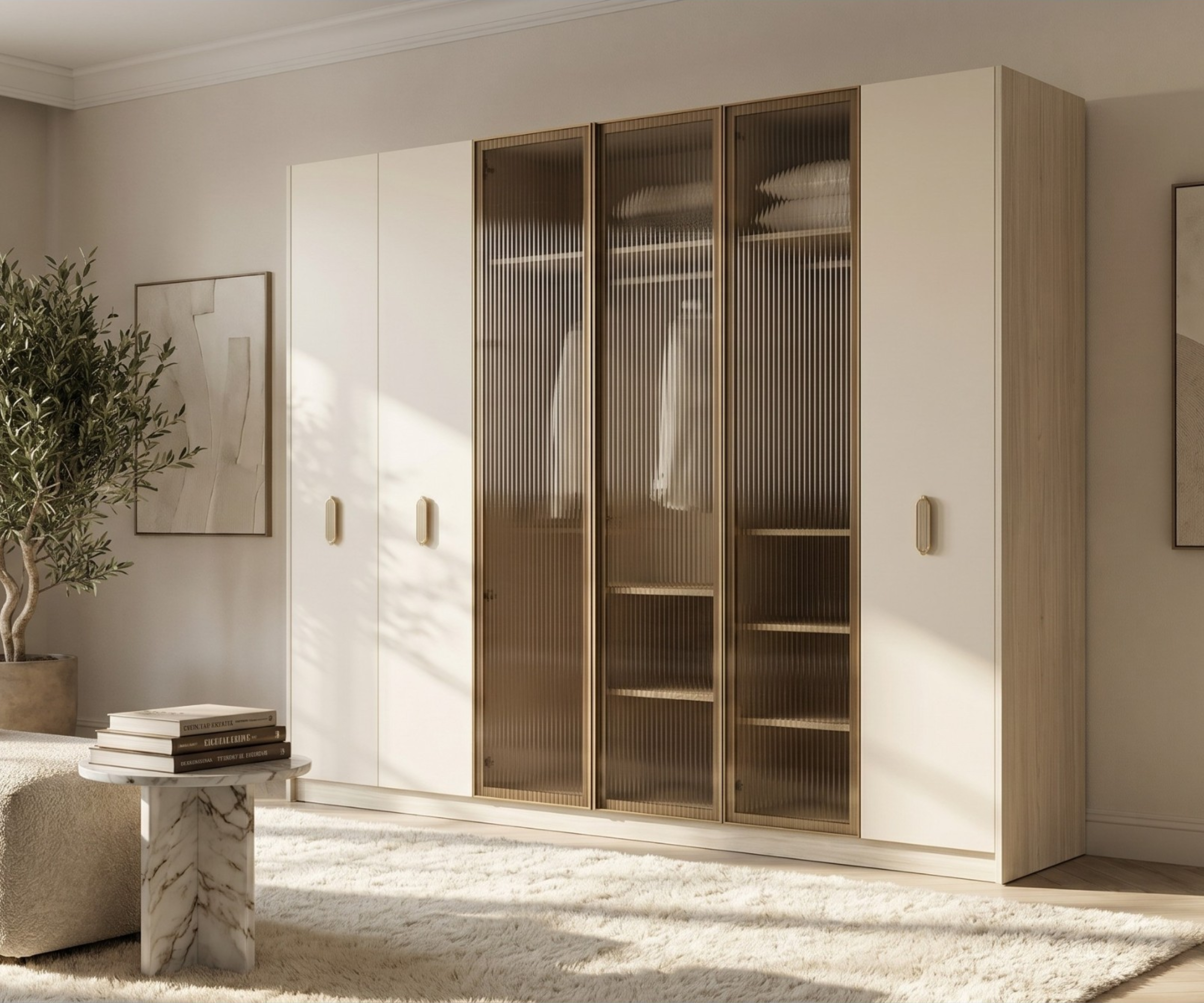 PASIFIK minimalist white wardrobe in a sunlit bedroom with fluted glass doors