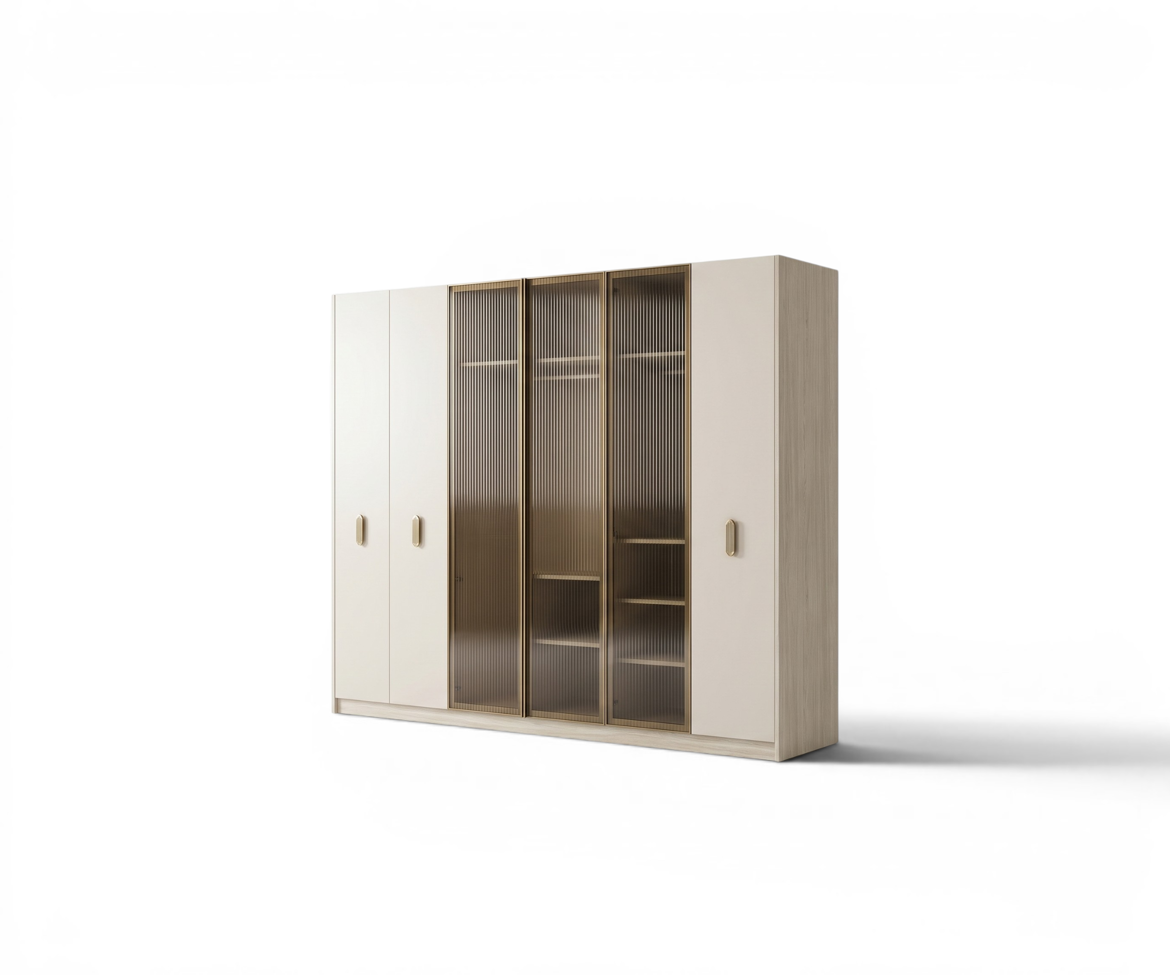 PASIFIK minimalist white wardrobe in a sunlit bedroom with fluted glass doors