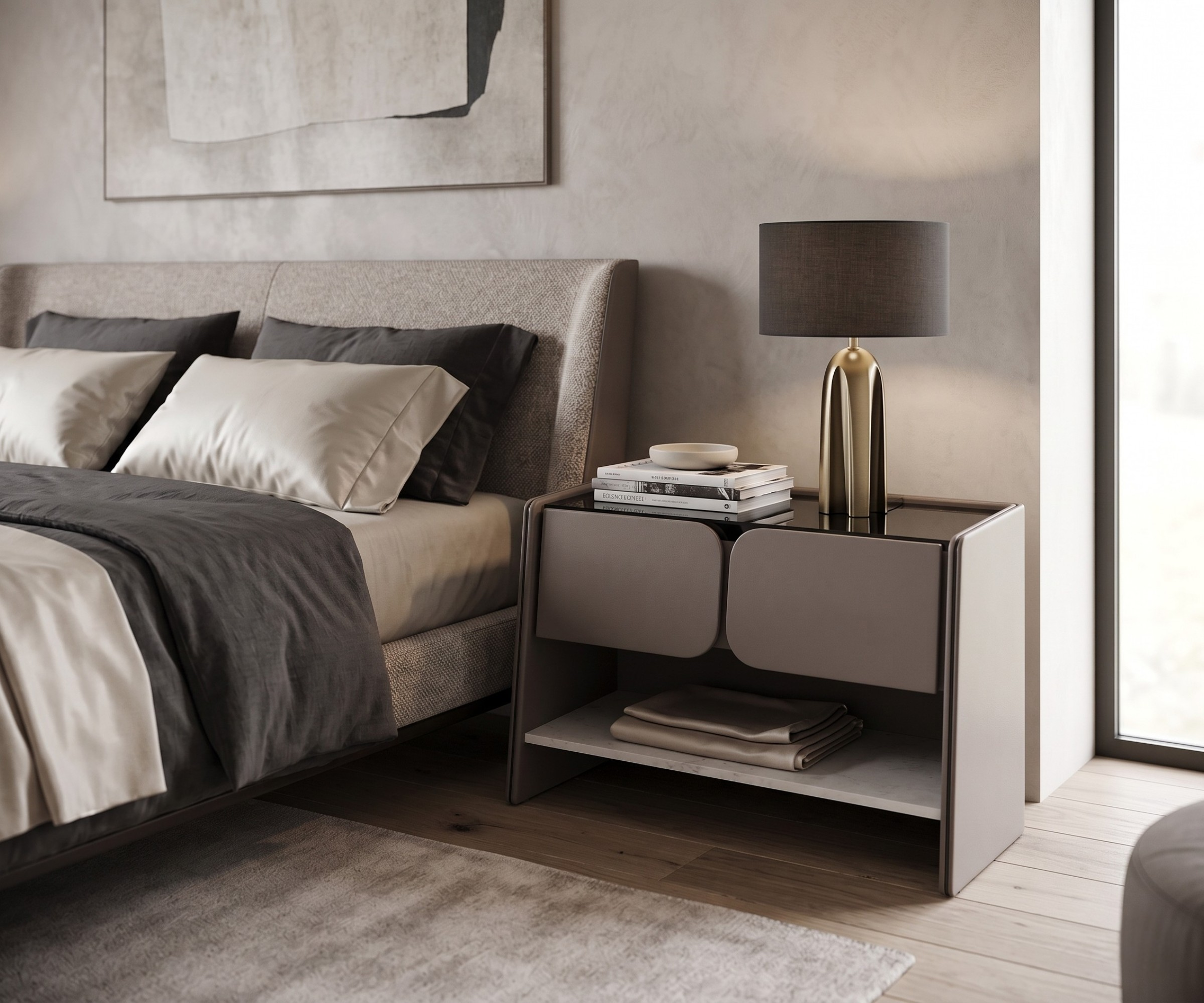 Penthouse dark wood nightstand in a grey bedroom with an open lower shelf
