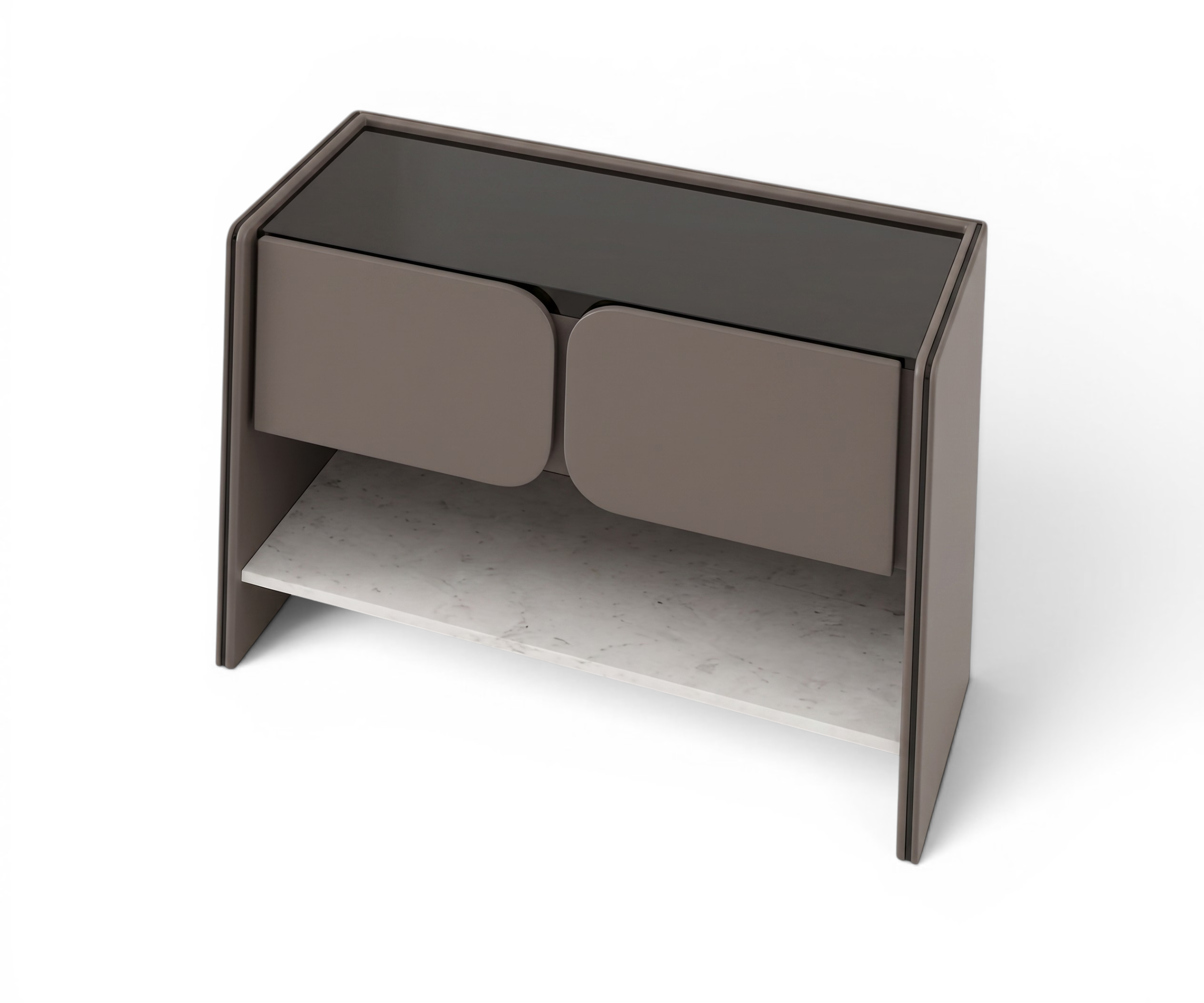 Penthouse dark wood nightstand in a grey bedroom with an open lower shelf