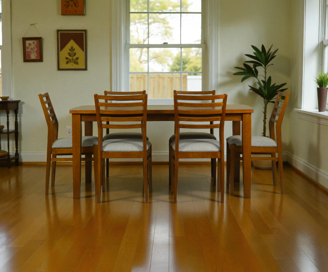 PEONY oak dining set in a bright dining room on a polished wood floor