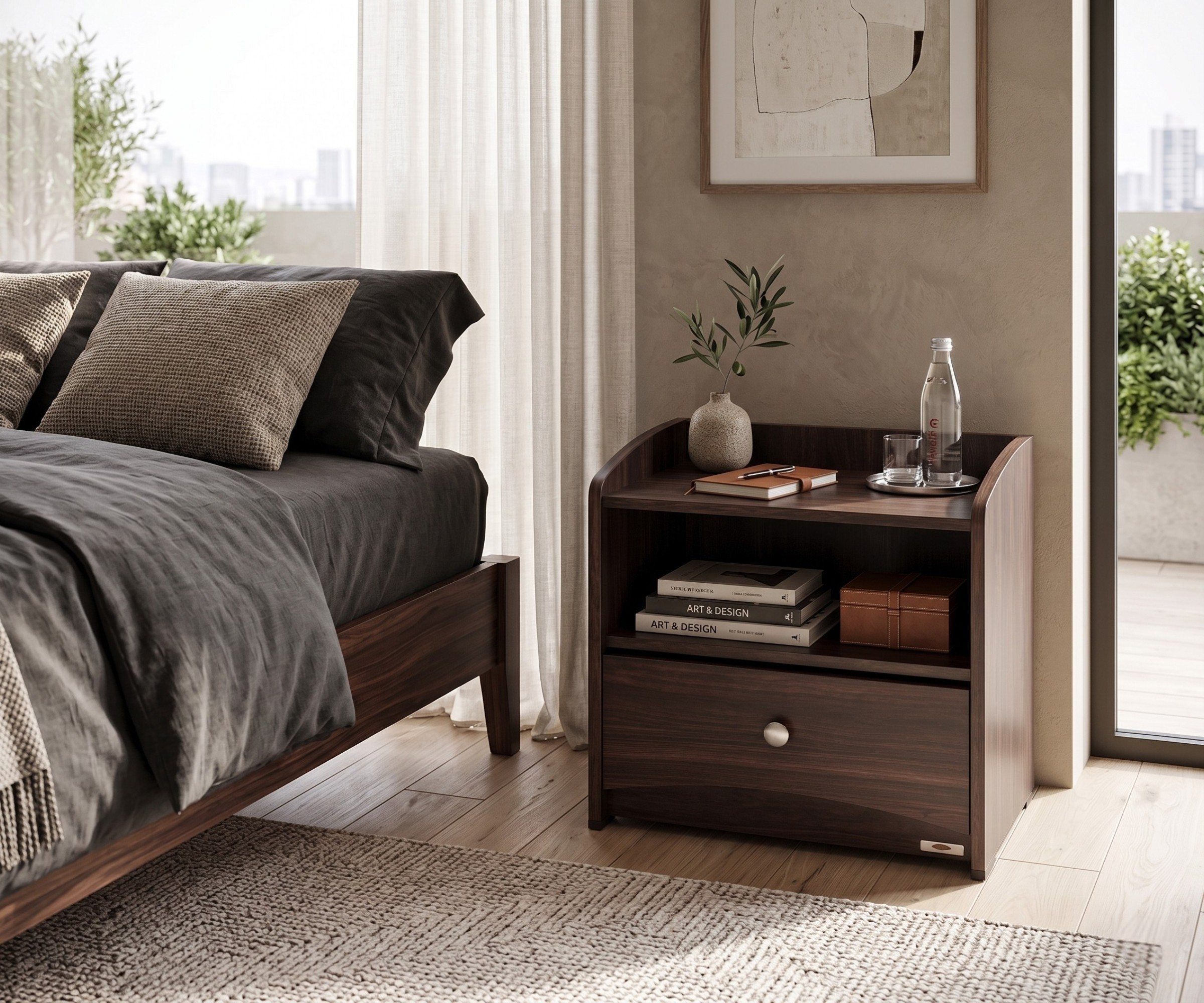 PKCNI 001 black bedside cupboard in a city bedroom beside a dark bed