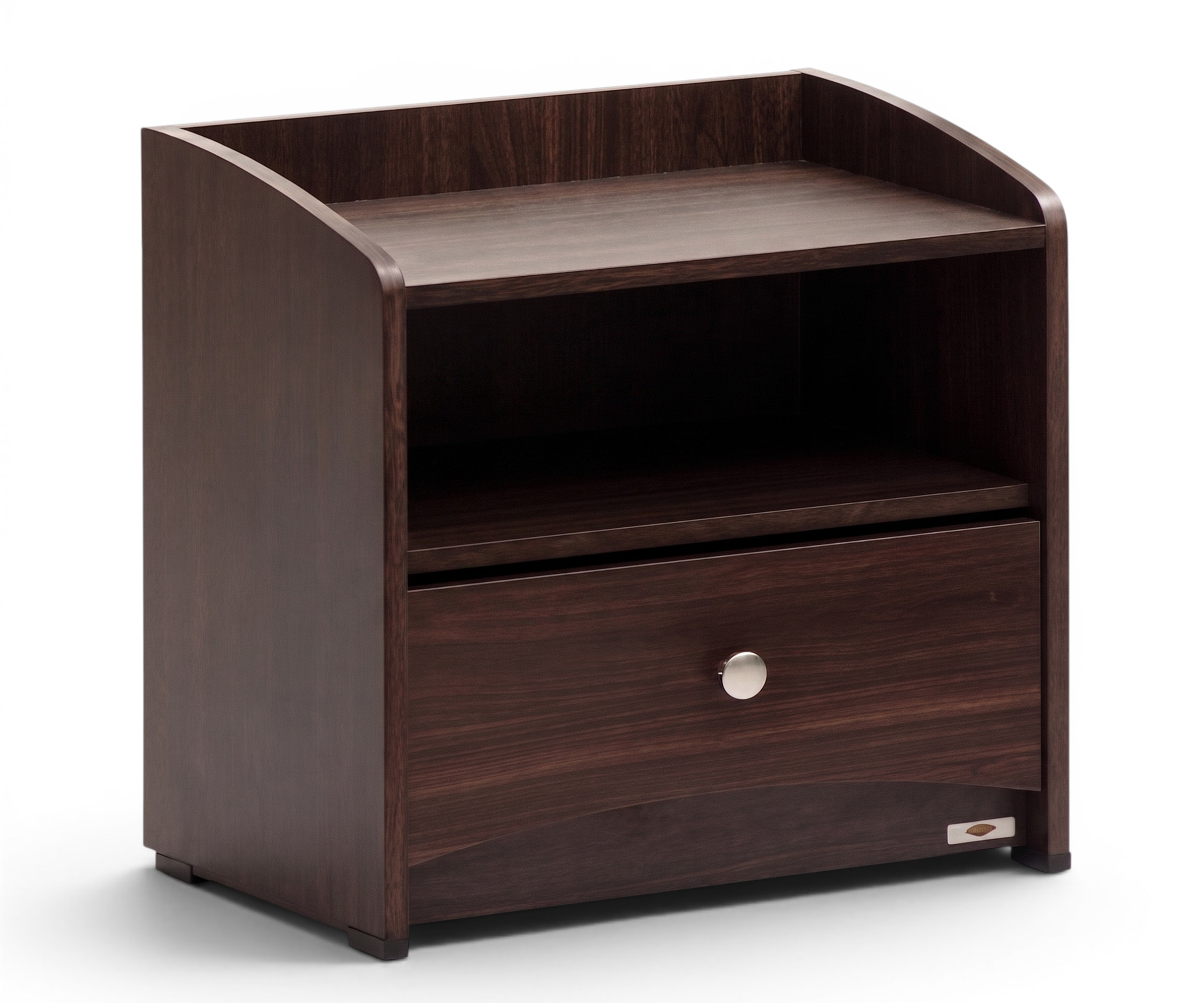 PKCNI 001 black bedside cupboard in a city bedroom beside a dark bed