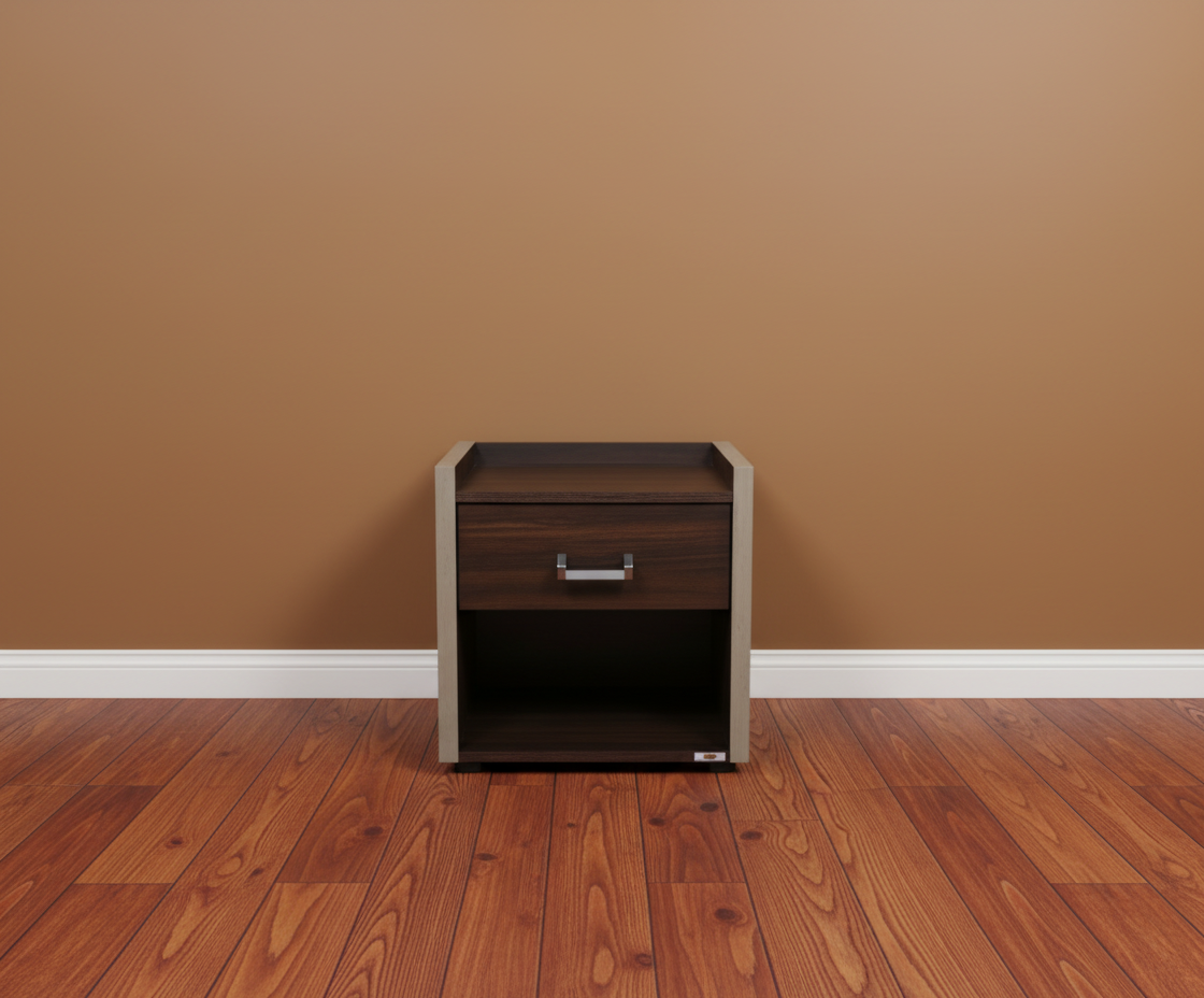 PKCTU-001 walnut bedside table, front view with a chrome-edged drawer