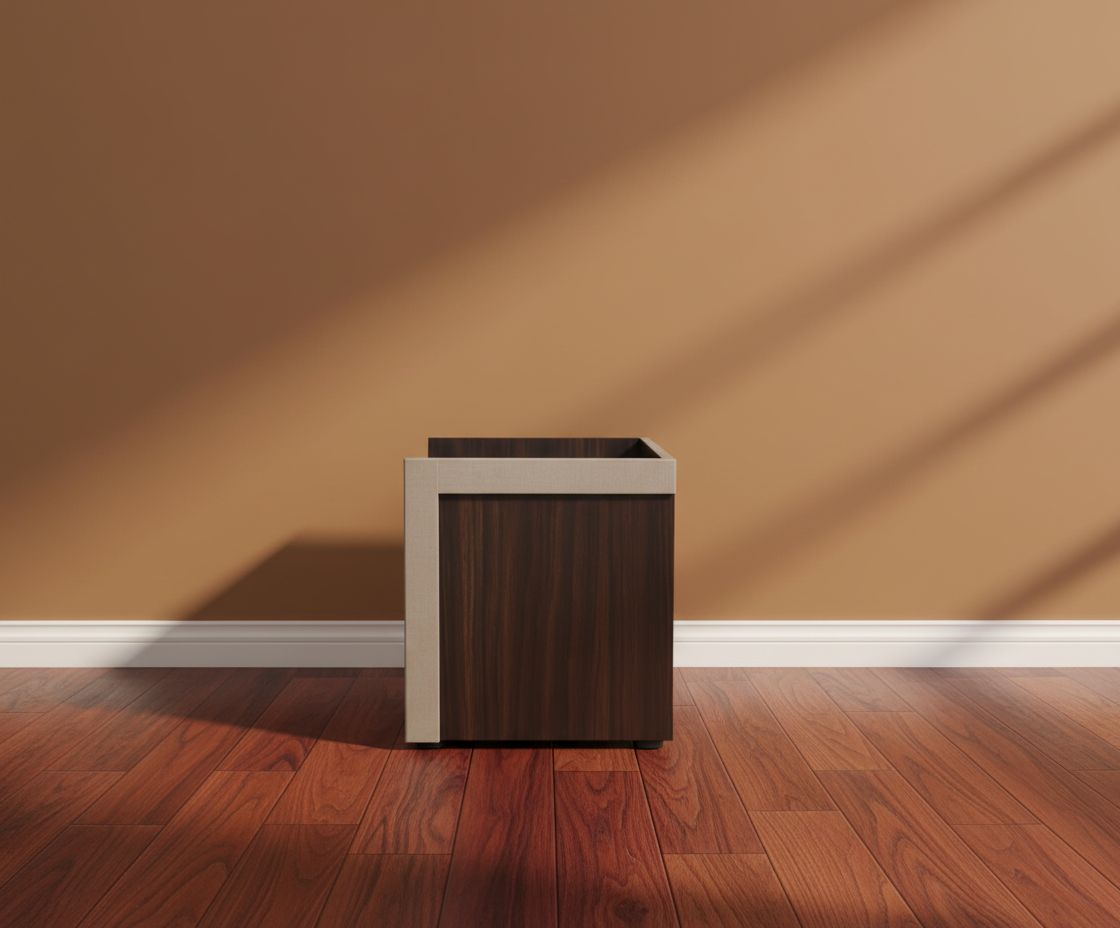 PKCTU-001 walnut bedside table, front view with a chrome-edged drawer