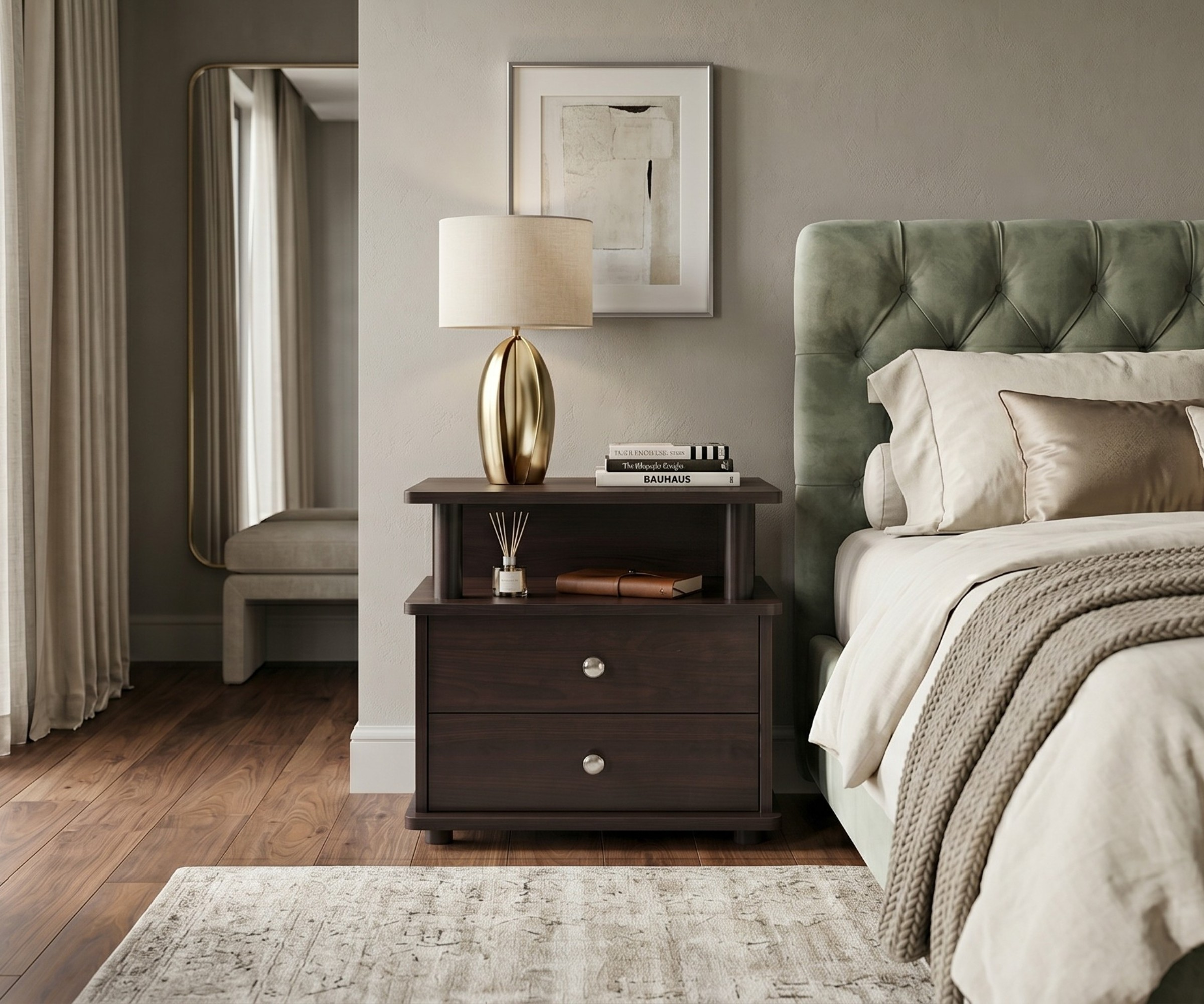 PKCZ 001 modern bedside table in a classic bedroom beside a green headboard