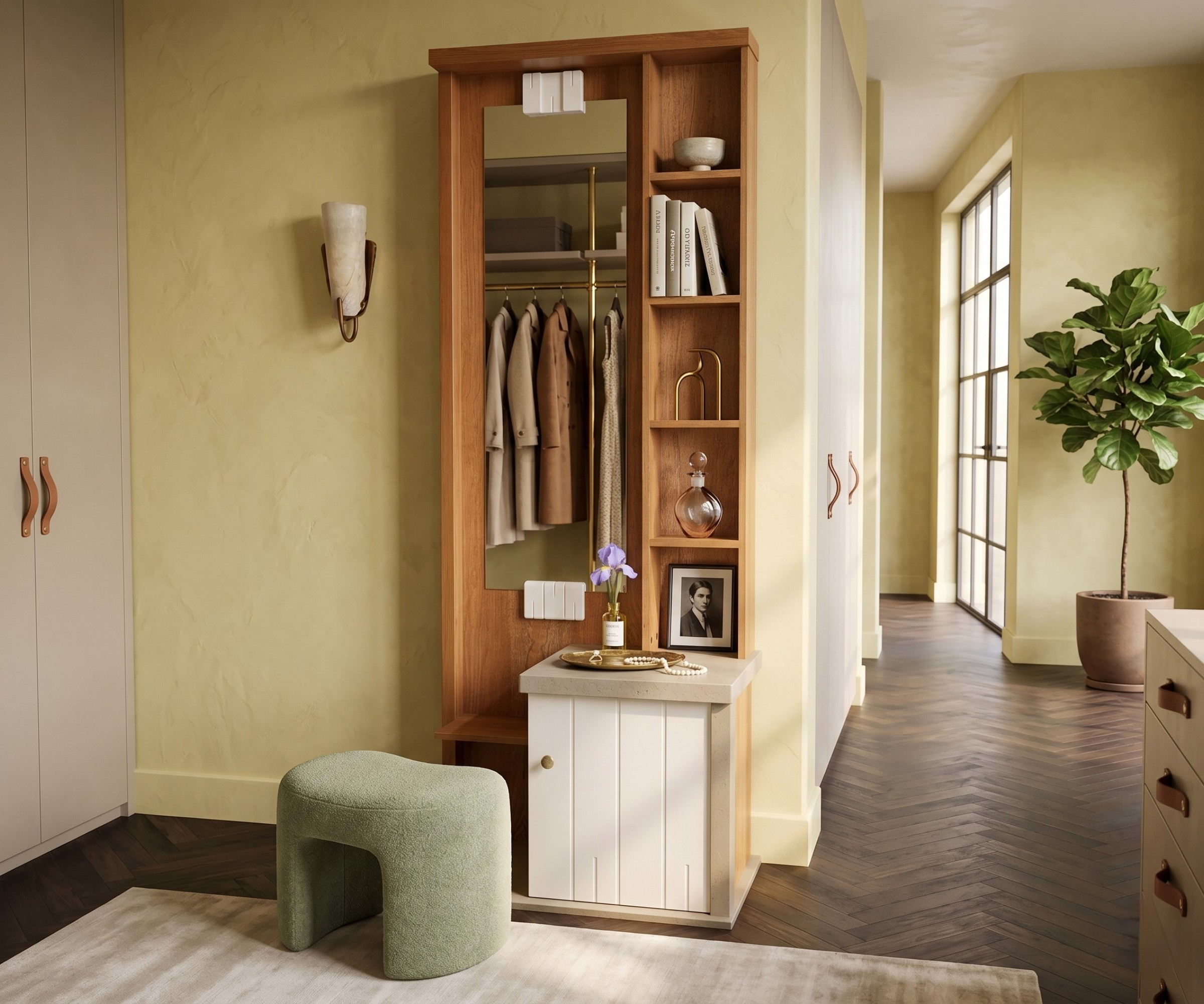 PKDFC 001 minimalist vanity table in a green hallway beside an open wardrobe