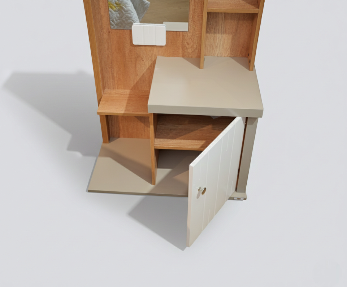 PKDFC 001 minimalist vanity table in a green hallway beside an open wardrobe