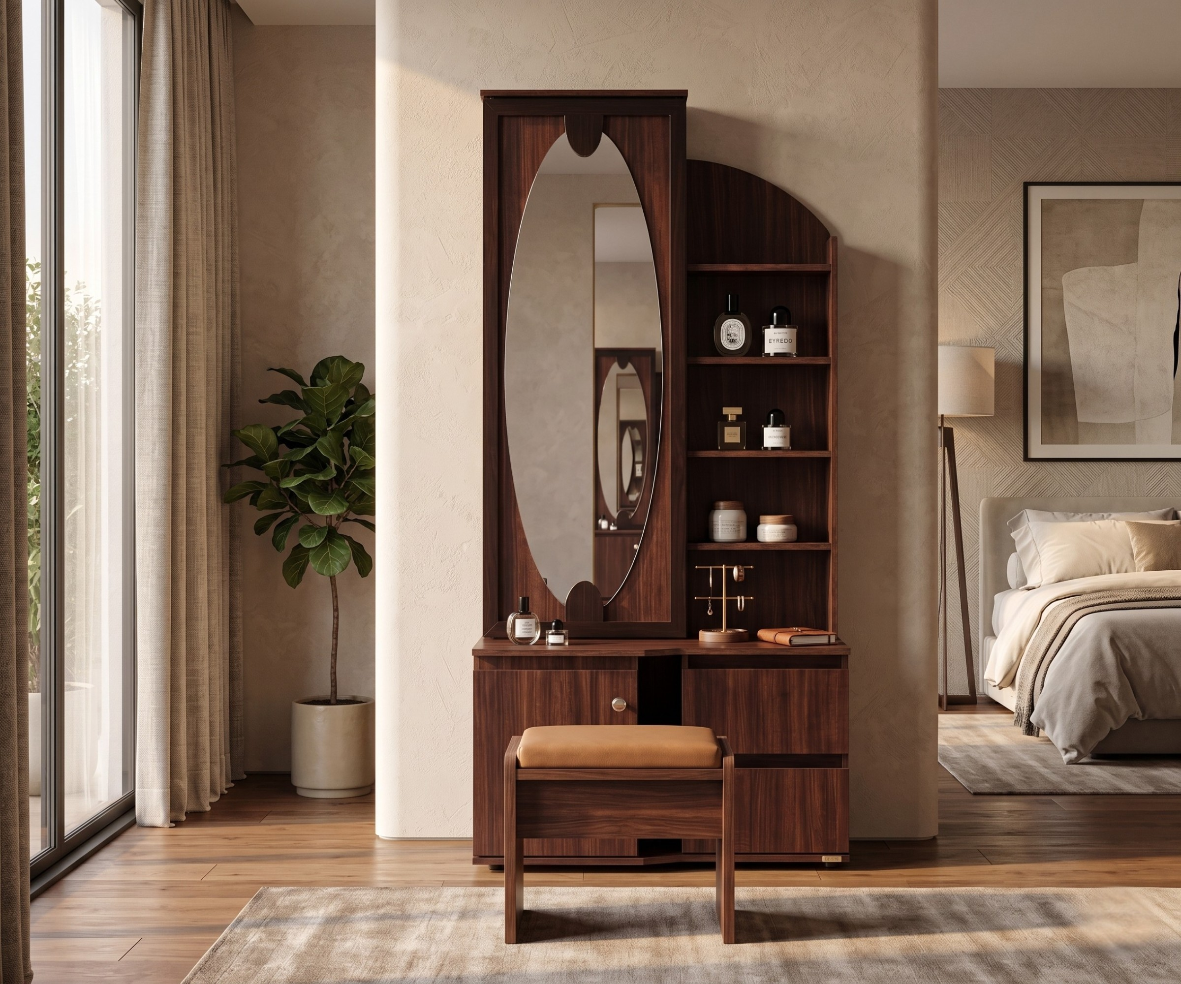 PKDNI 001 modern wood vanity in a warm bedroom beside a framed print