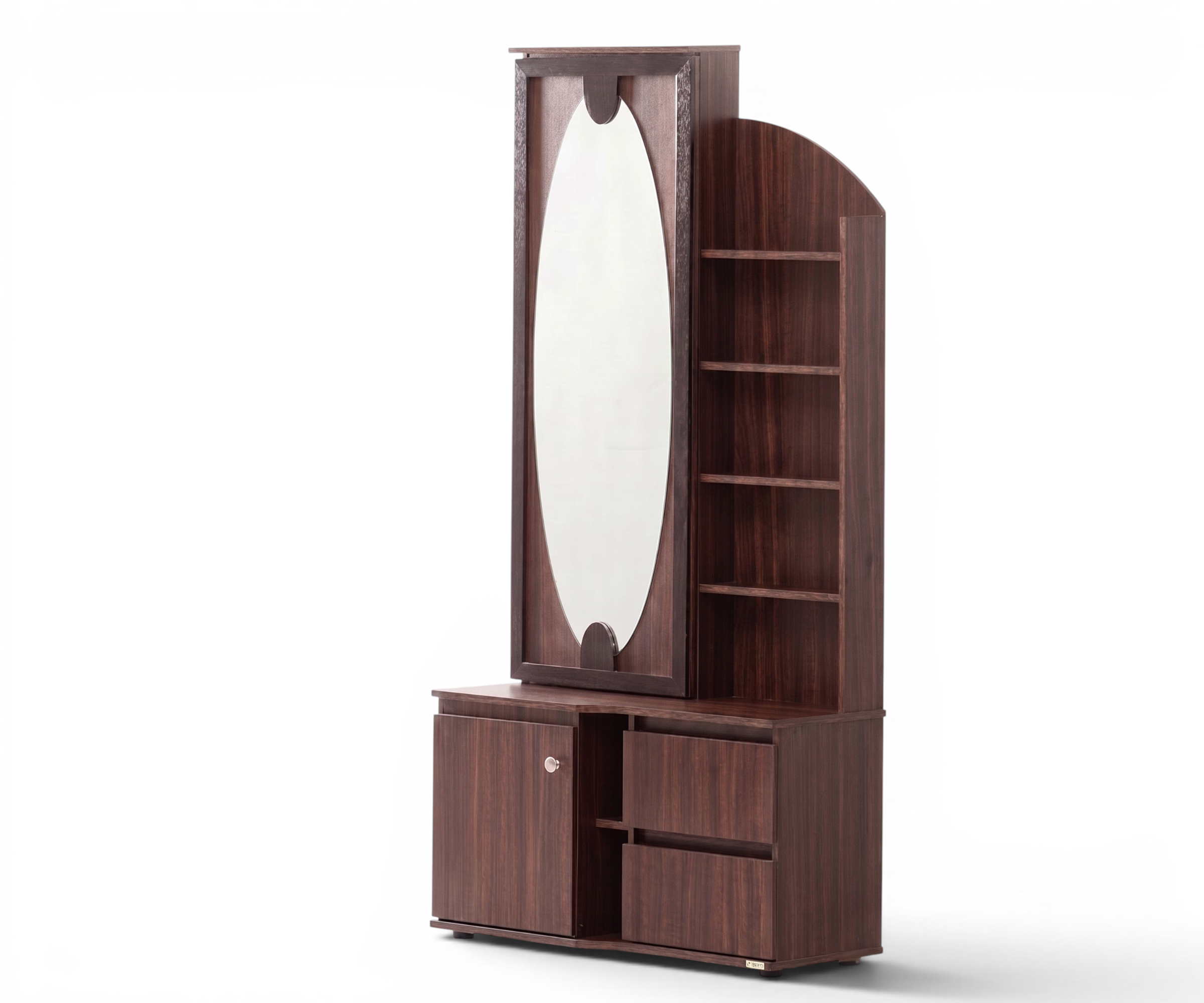 PKDNI 001 modern wood vanity in a warm bedroom beside a framed print