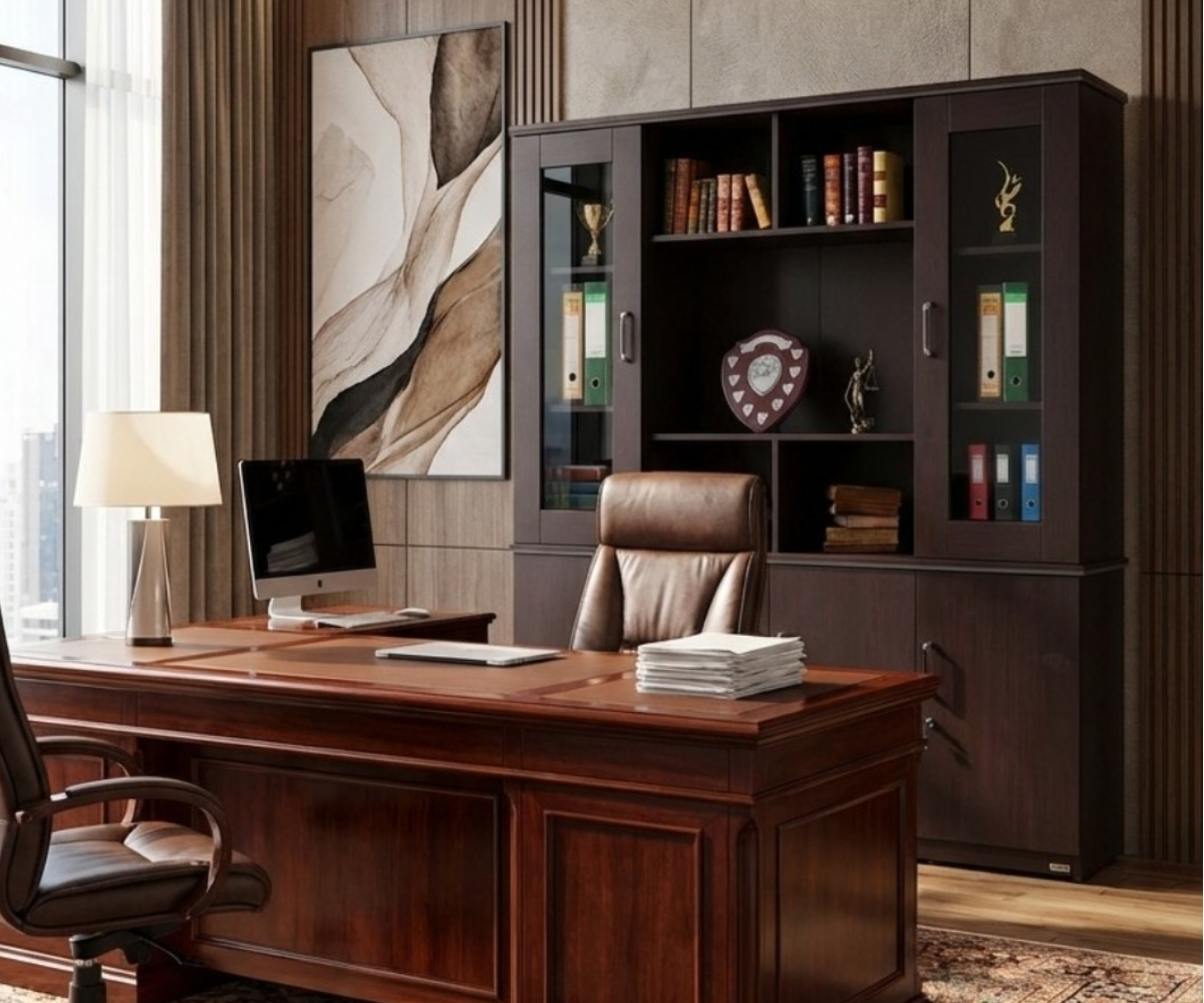 PKOC025 walnut file cabinet behind a desk in a traditional office