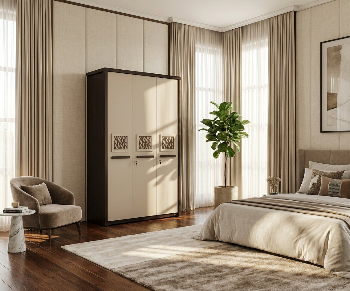 PKWAV-003 elegant mirrored wardrobe in a cream bedroom beside an armchair