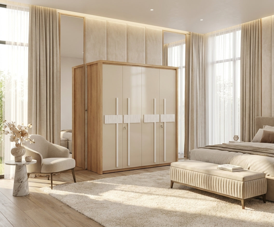PKWFC 004 Felcity wardrobe with 4 doors in a bright bedroom with a bench