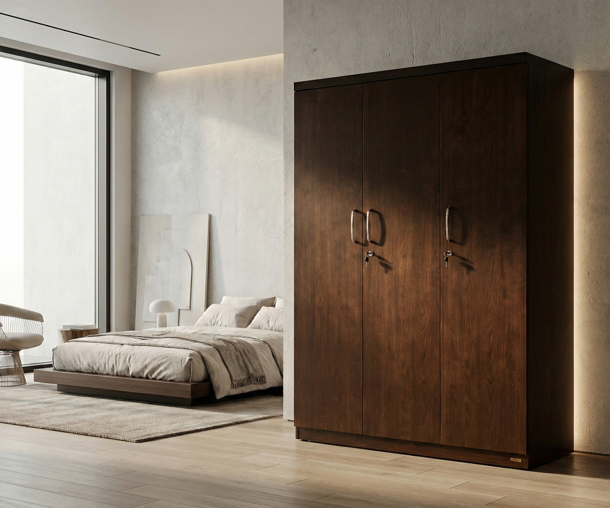 PKWM-003 monali three-door wardrobe in a concrete bedroom with cove lighting