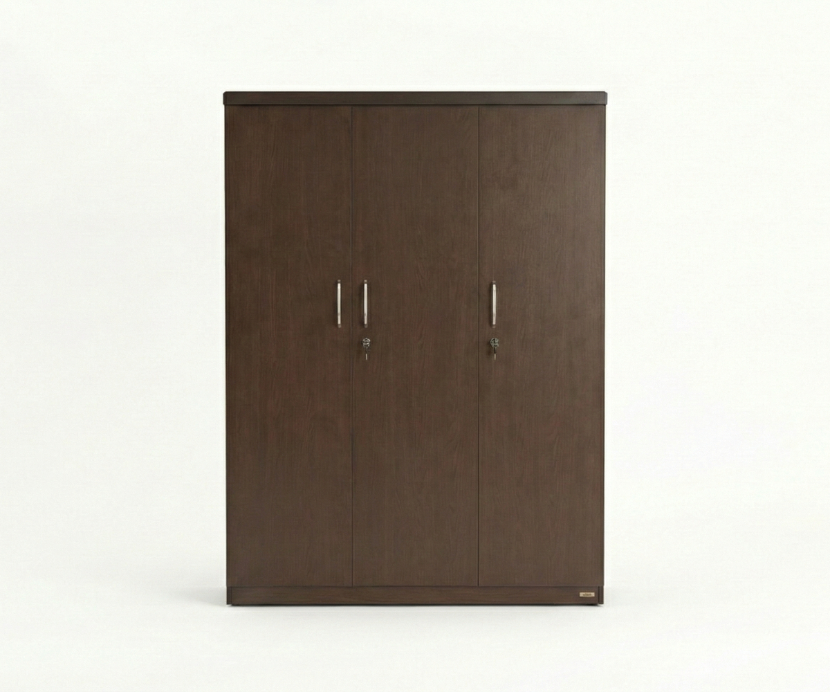 PKWM-003 monali three-door wardrobe in a concrete bedroom with cove lighting