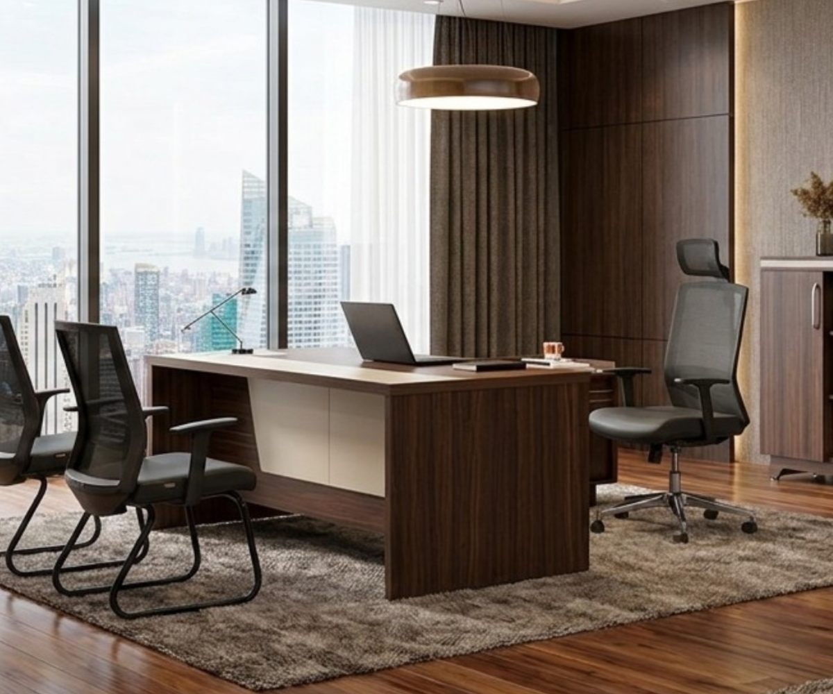 PKWT 026 executive L-desk with visitor chairs in a city-view office