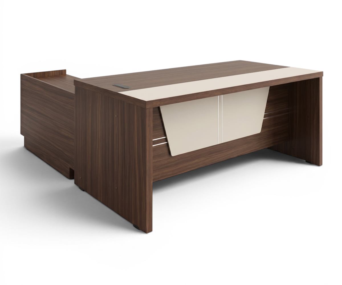 PKWT 026 executive L-desk with visitor chairs in a city-view office