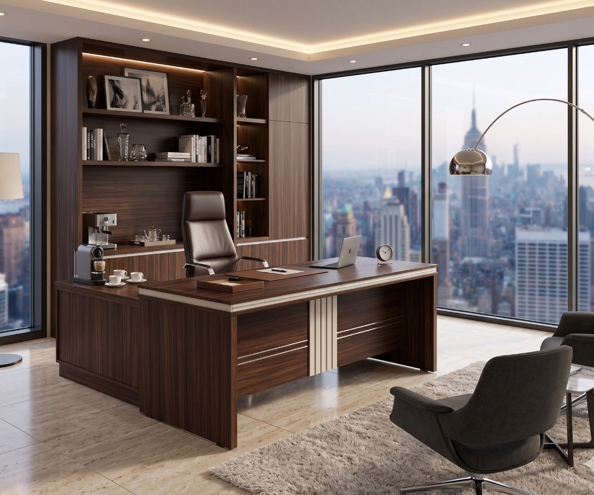 PKWT 027 executive L-desk in a city-view office with bookshelves