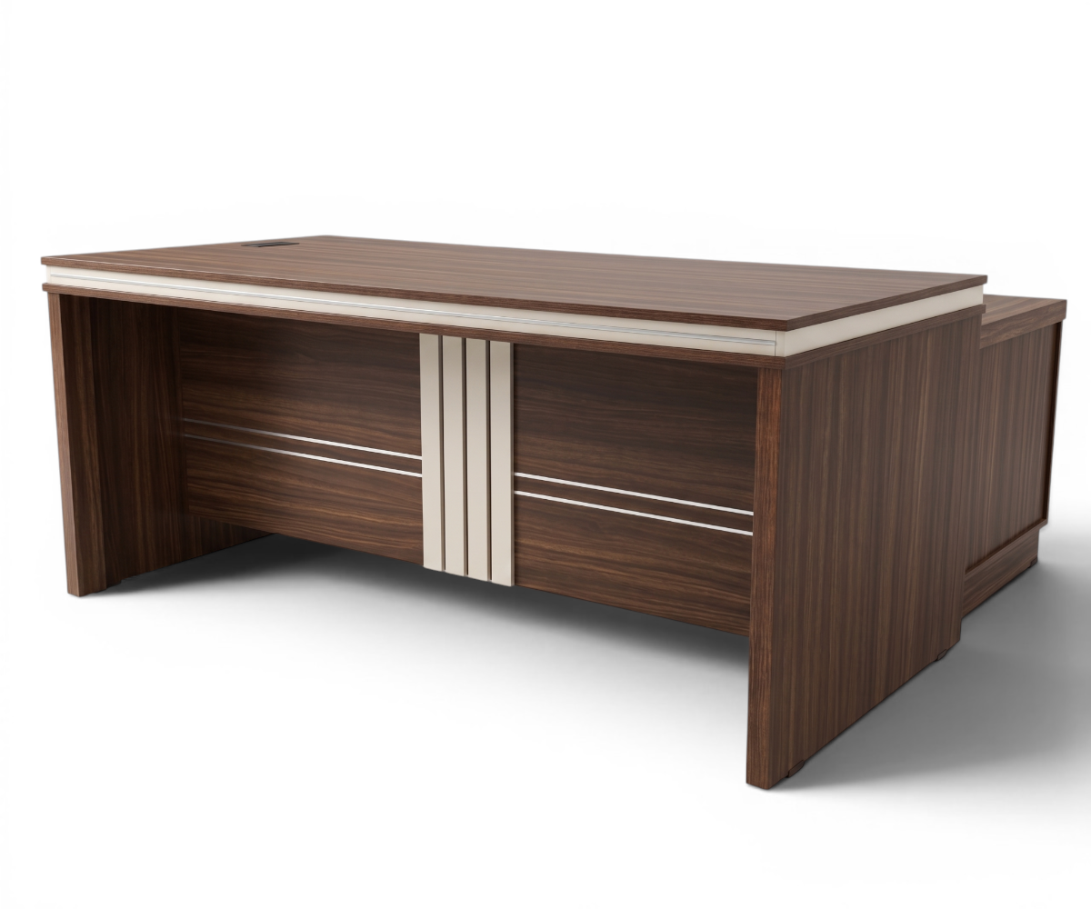 PKWT 027 executive L-desk in a city-view office with bookshelves