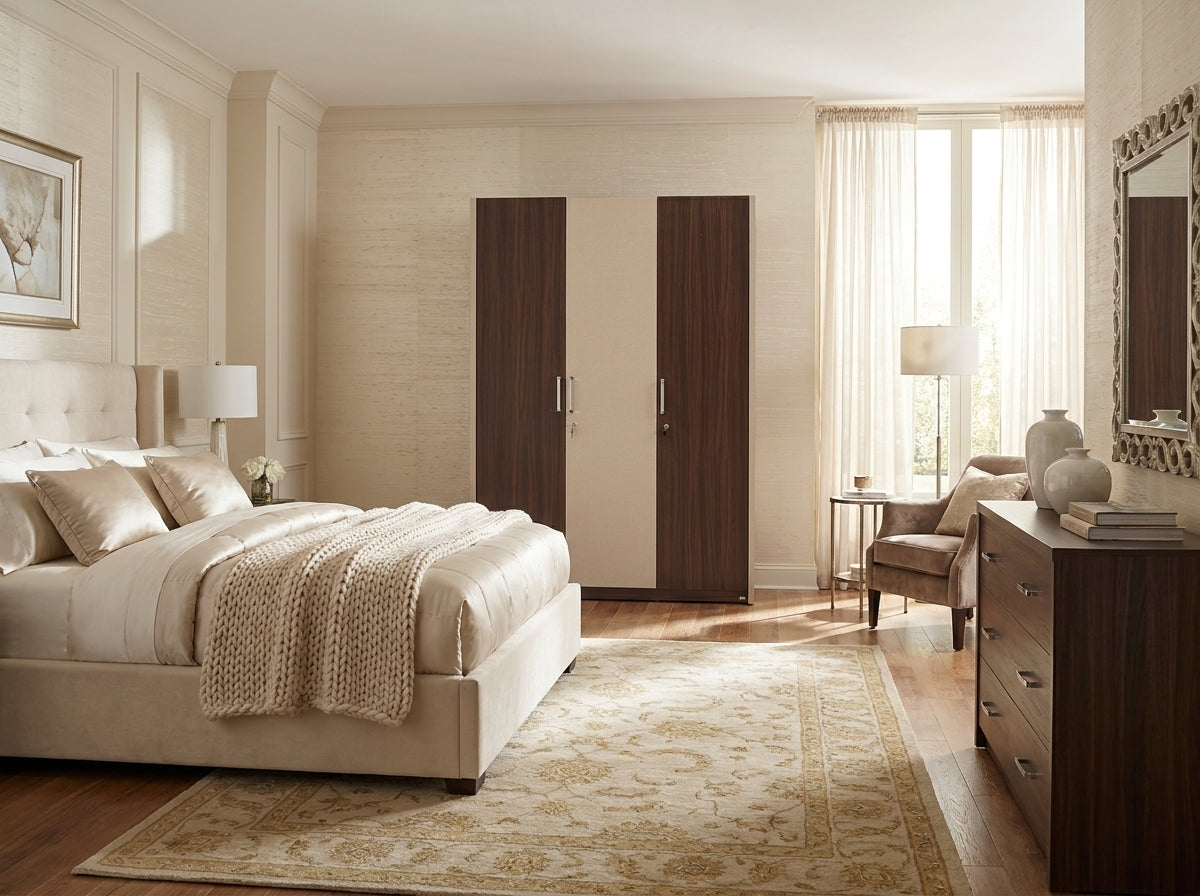 PKWTU-003 premium bedroom wardrobe in a classic cream bedroom with a patterned rug