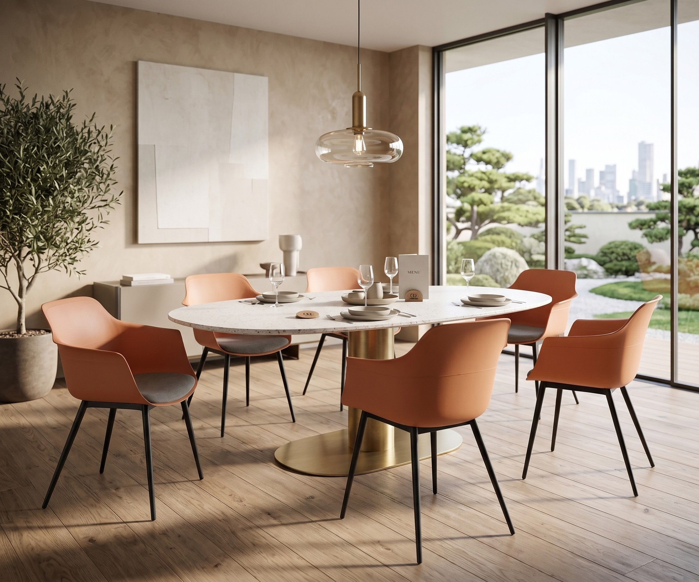 Plastic chair 8099 orange, around a round table in a garden-view dining room