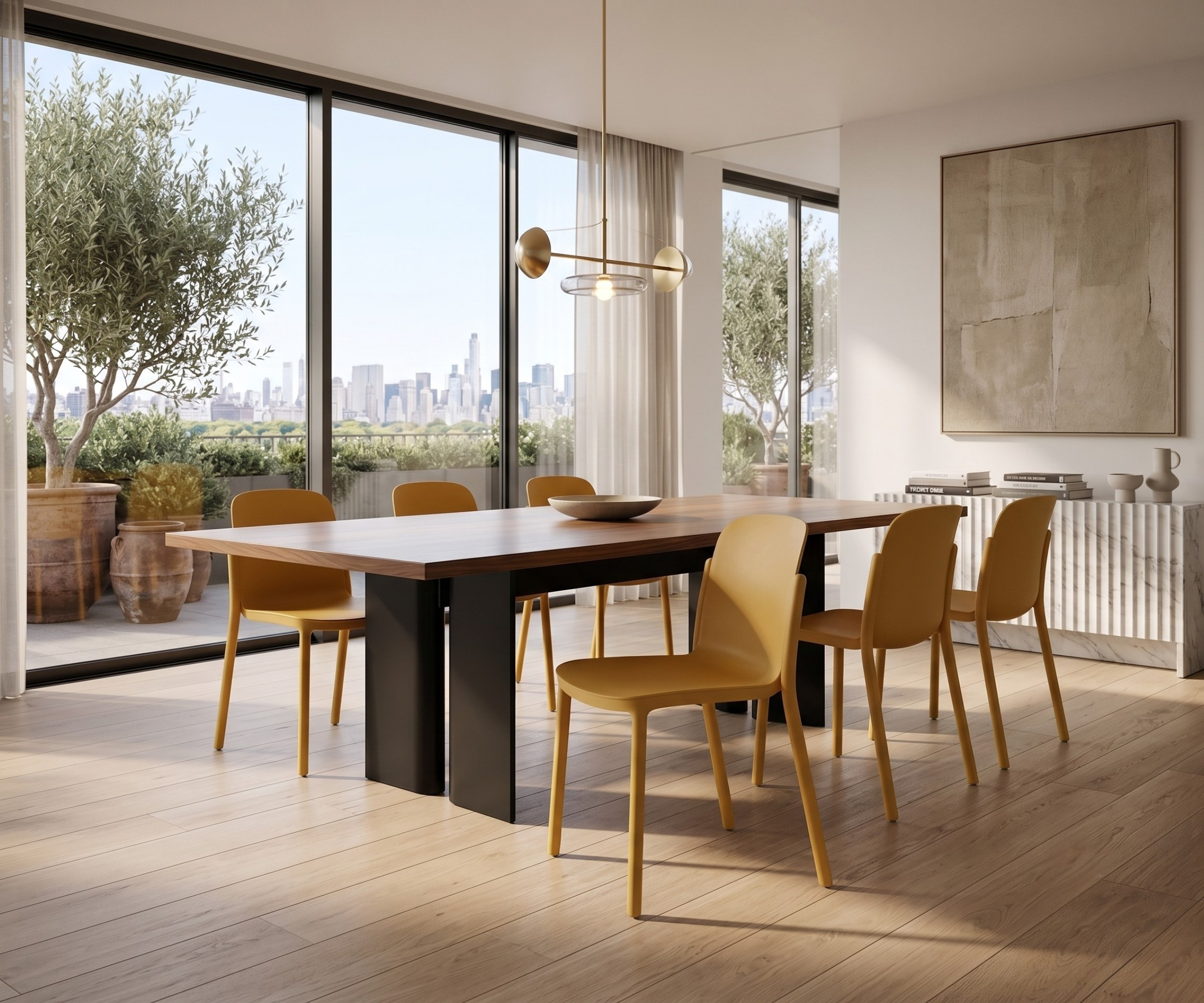Plastic PP chair 857 in mustard, around a dining table in a city-view room