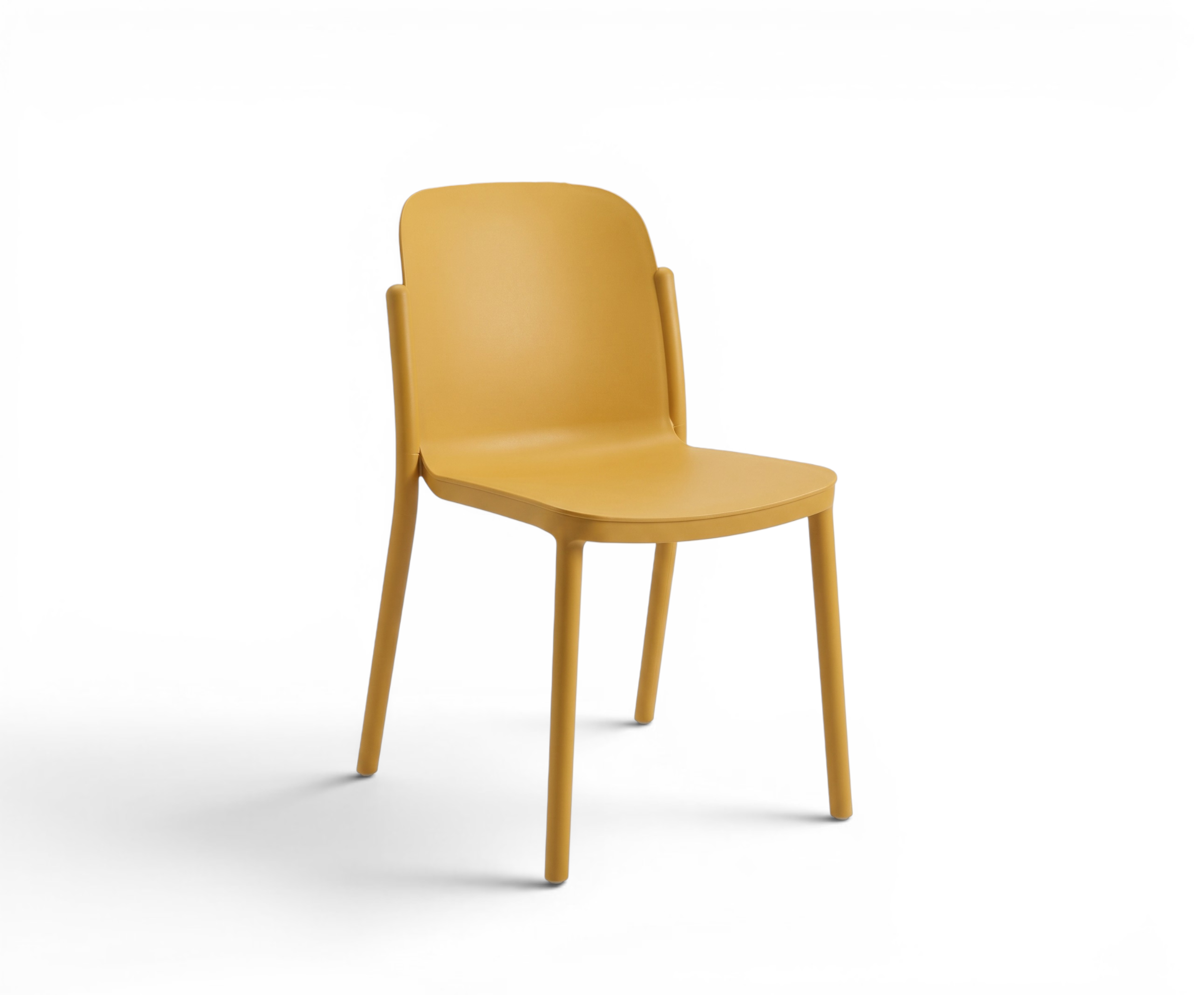 Plastic PP chair 857 in mustard, around a dining table in a city-view room