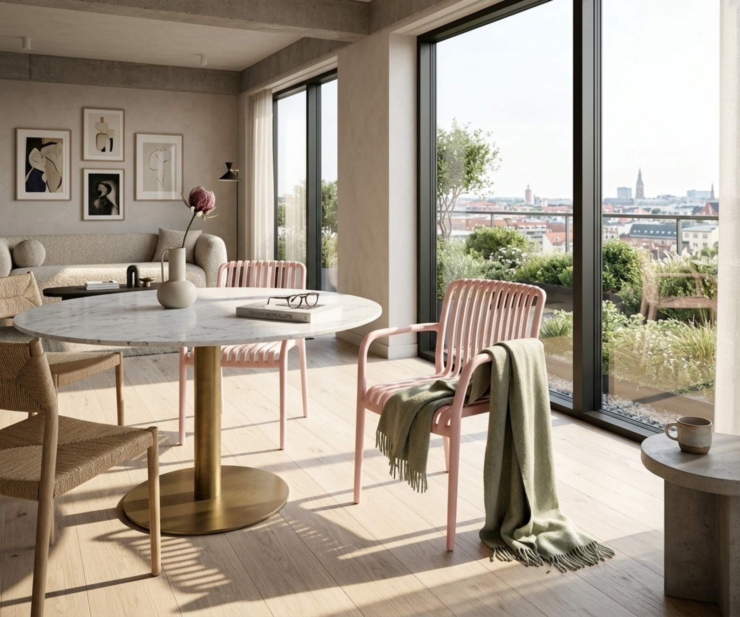 Plastic PP chair 7102 light pink, at a round table in a city-view apartment