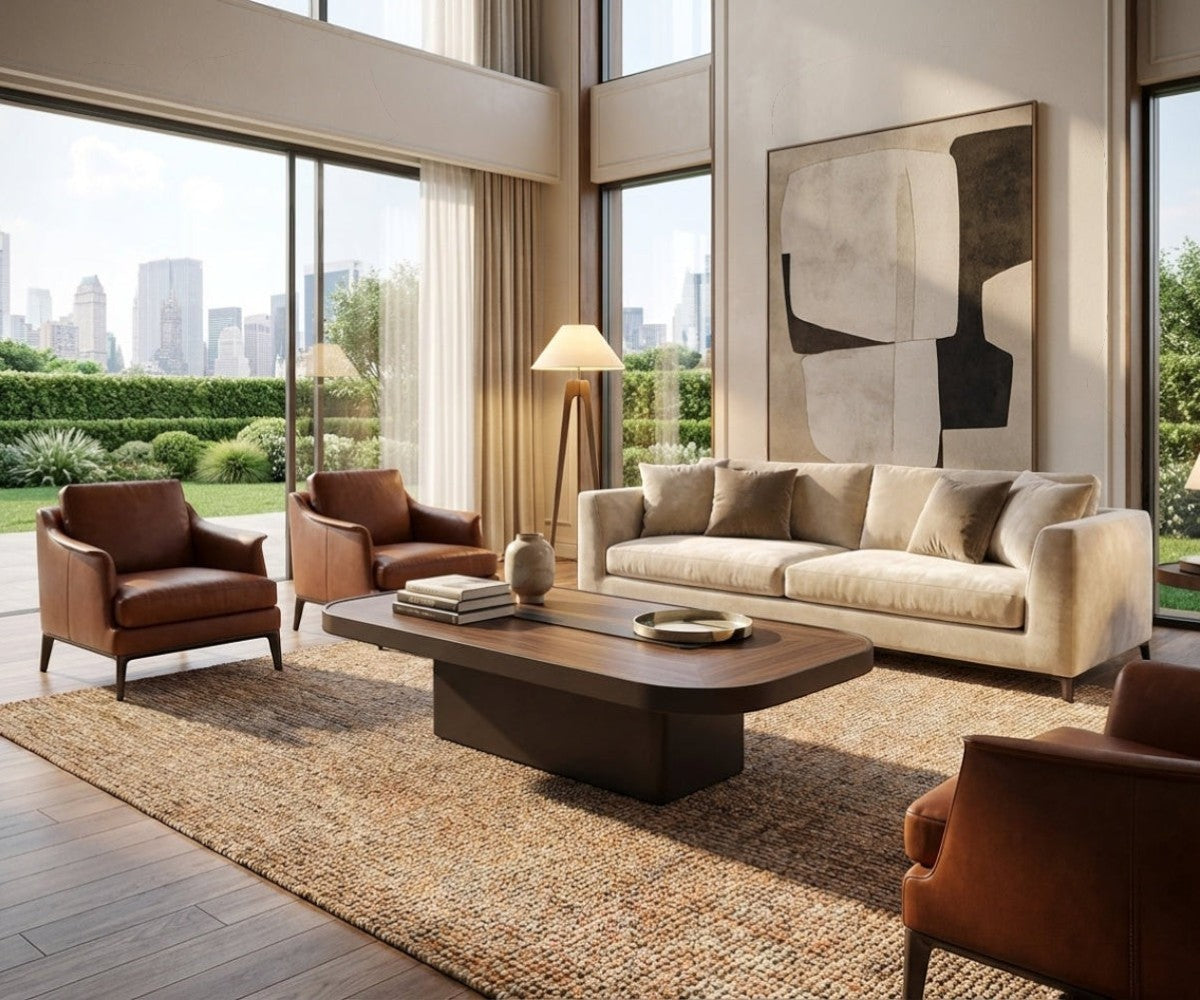 Platinum walnut center table in a bright city-view living room