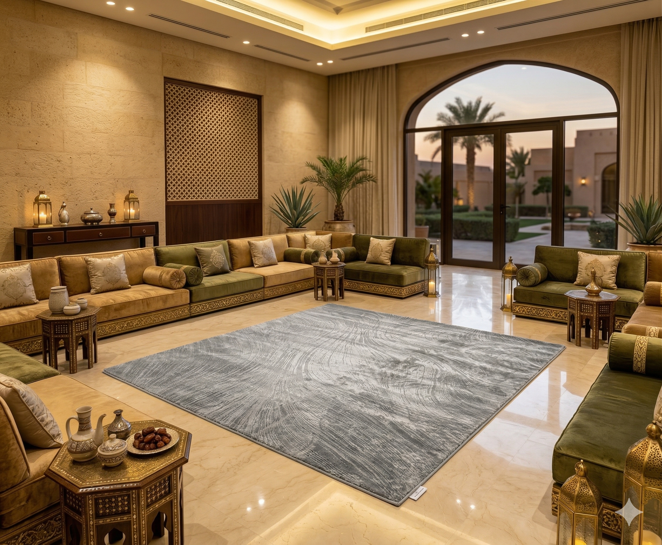 PLATINUM woodsmoke abstract rug, 200x300 cm, in a garden-view majlis
