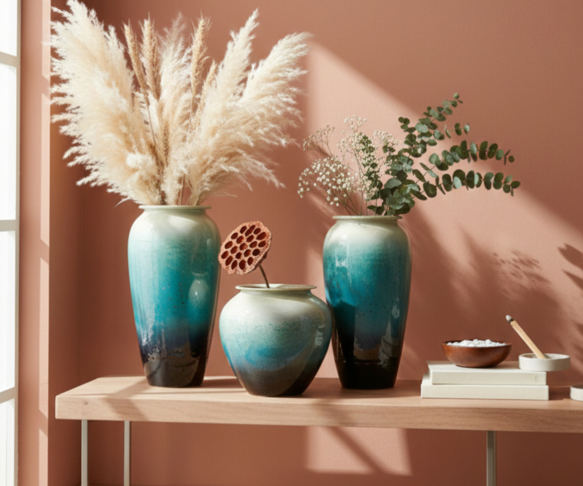 Premium gloss finish vase A866, styled with pampas grass on a console